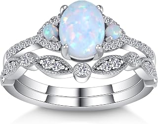 3 Stone Oval-Cut Natural Opal Engagement Rings Sets for Women,925 Sterling Silver Split Shank Moissanite Wedding Rings Sets,Bridal Ring Sets for Anniversary Birthday