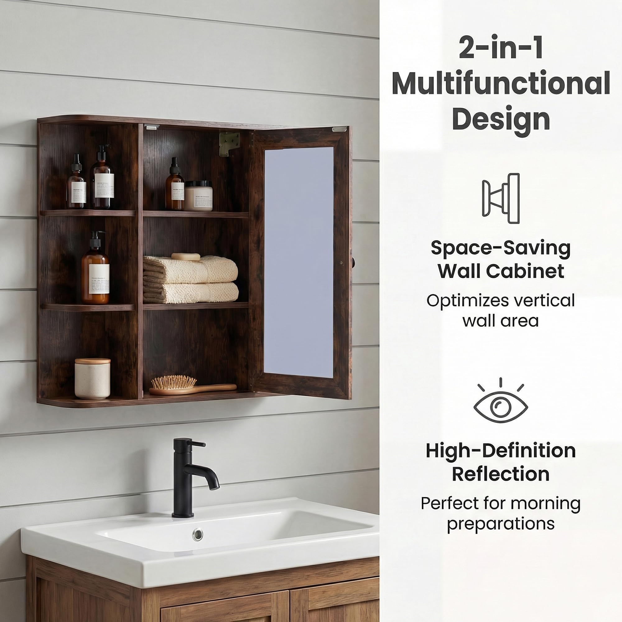 LIFEZEAL Specchio Bagno Contenitore, Mobile Bagno con Specchio con 6 Ripiani Aperti e 3 Chiusi, 1 Anta, Mobiletto Pensile Salvaspazio da Letto, per Soggiorno e Camera, 66 x 16,5 x 63 cm (Marrone)
