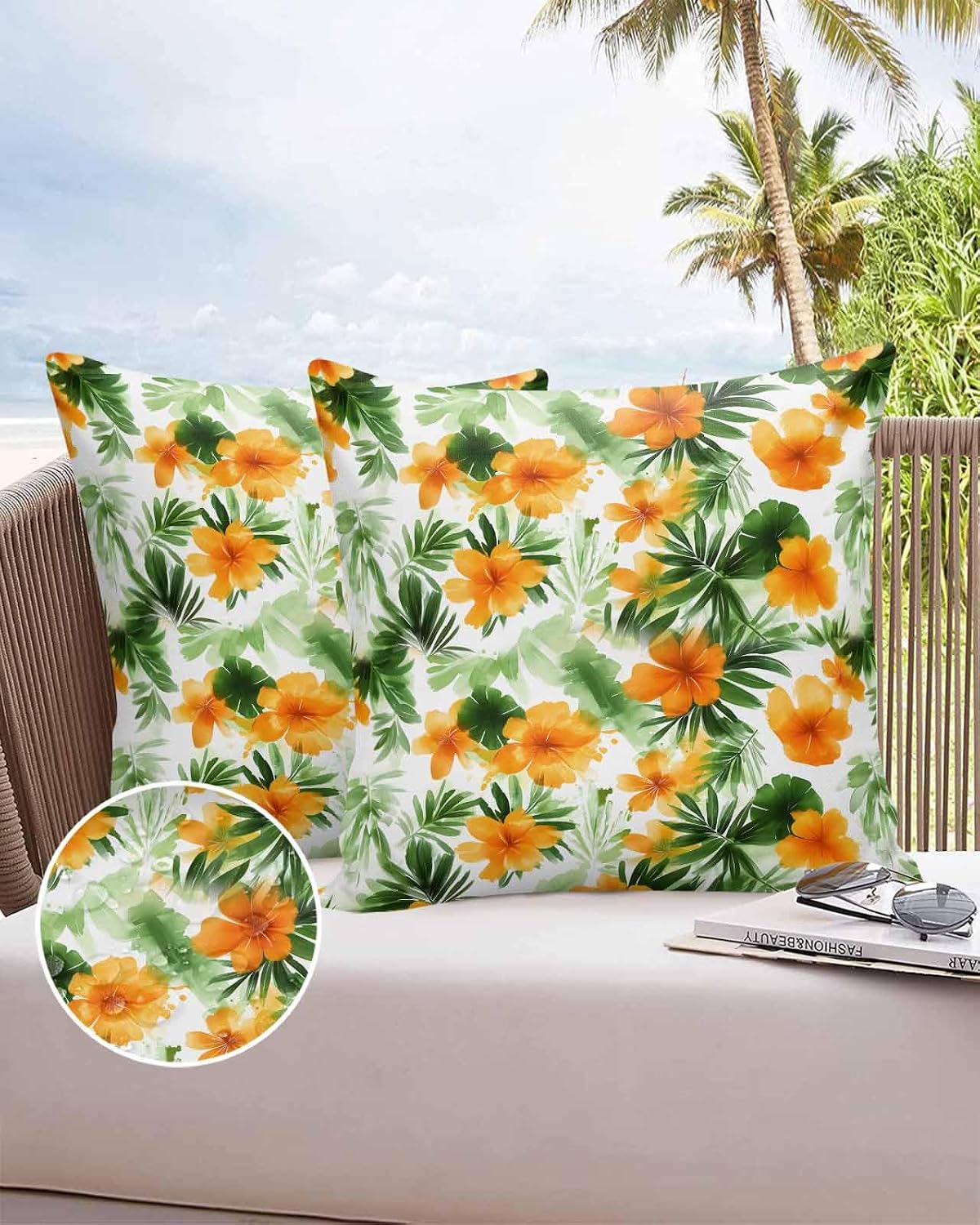 Outdoor Waterproof Pillow Covers Tropical Plants Orange Flowers Set of 2 Decorative Outdoor Pillowcases Leaf Floral Cushion Cases for Patio Funiture Garden Couch Bench 26 x 26 Inches