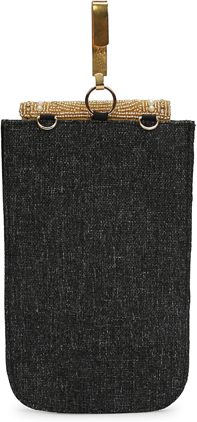 LONGING TO BUY Gold Beaded Mobile Pouch with Pearl,Chain Strap Crossbody Phone Bag, 8x5 Inch, Jute Material image 2
