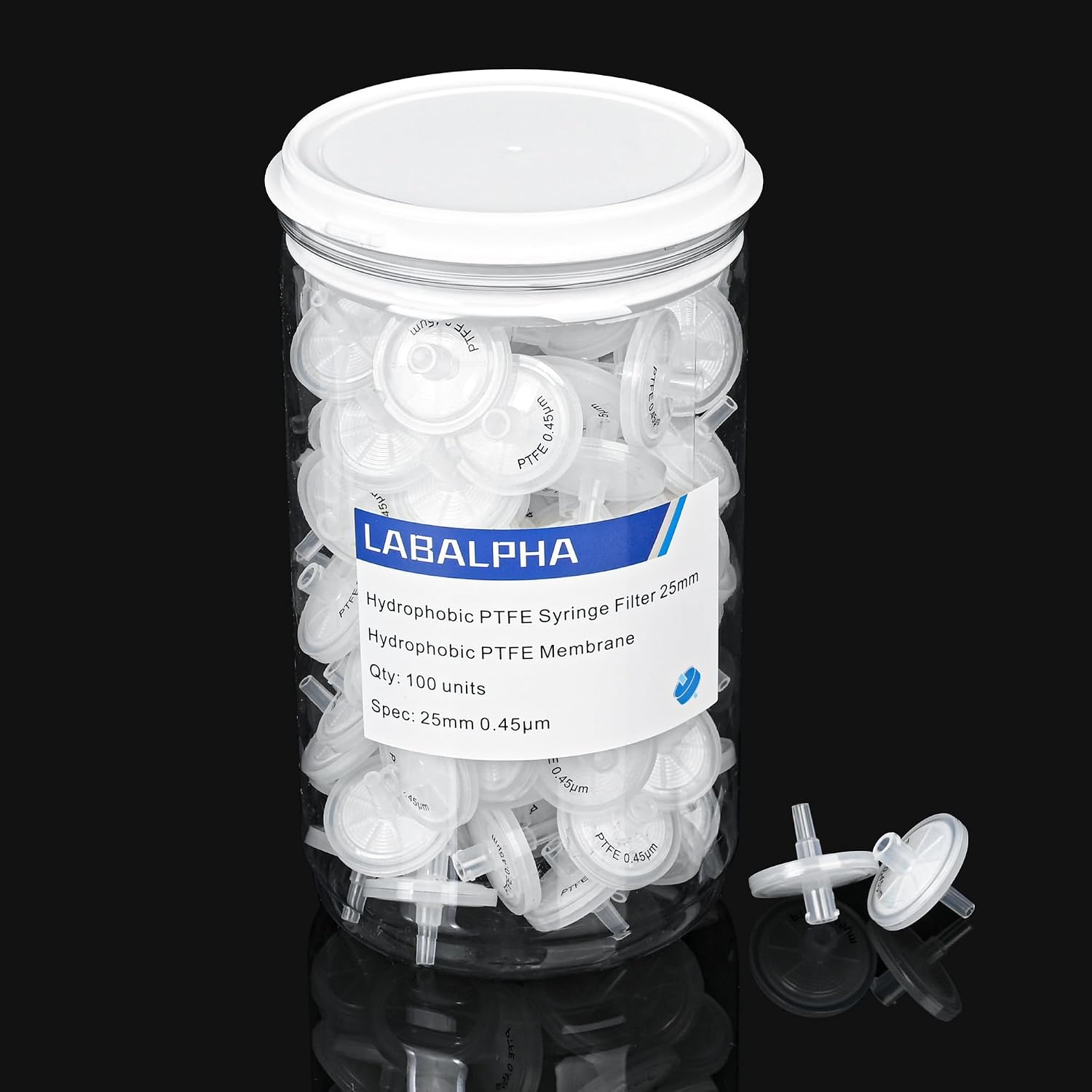 LABALPHA Syringe Filters PTFE 100 Pack Lab Filters Pore Size Hydrophobic Filtration (13mm 0.45μm)
