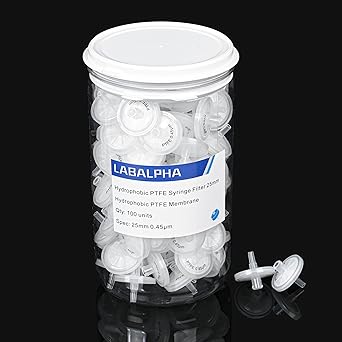 LABALPHA Syringe Filters PTFE 100 Pack Lab Filters Pore Size Hydrophobic Filtration (25mm 0.45?m)