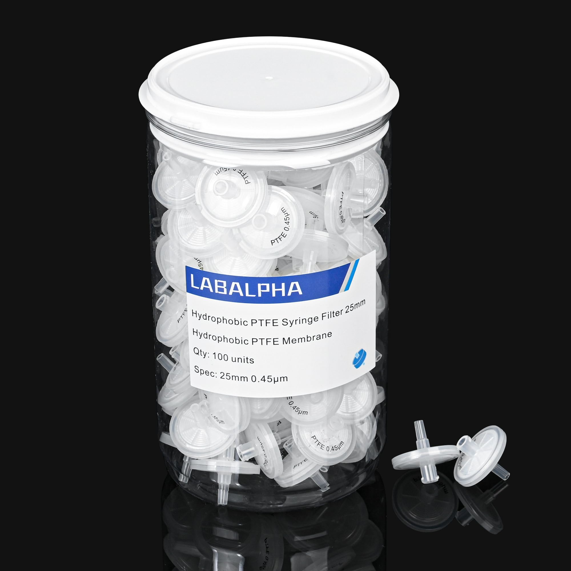 LABALPHA Syringe Filters PTFE 100 Pack Lab Filters Pore Size Hydrophobic Filtration (25mm 0.45μm)-image-46