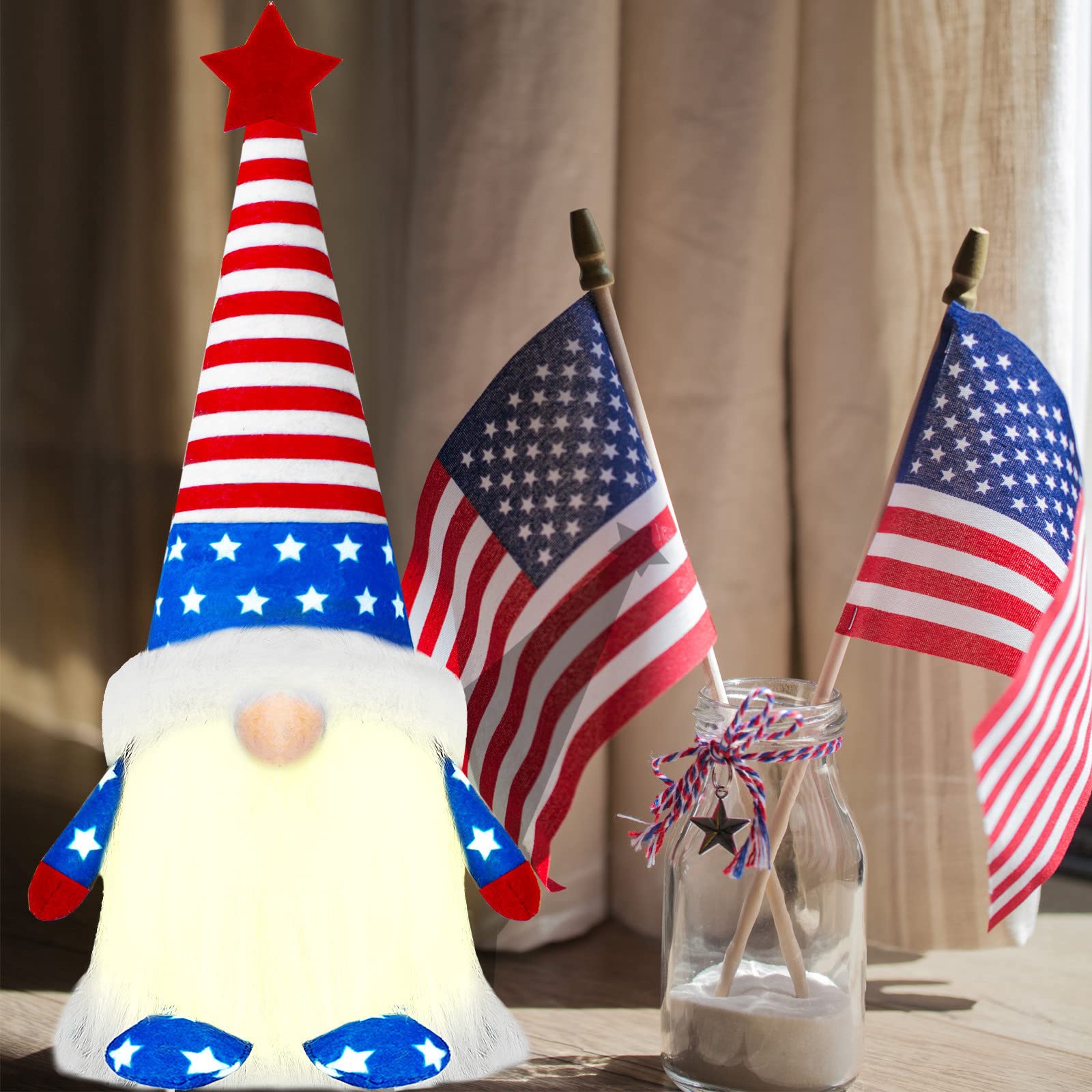 Lighted Patriotic Plush Gnomes 4th of July Decorations 12.5 Inch Mr. Patriotic Gnomes Red White and Blue American Stars and Stripes Scandinavian Dwarf Figurine Home Kitchen Tiered Tray Ornaments, G