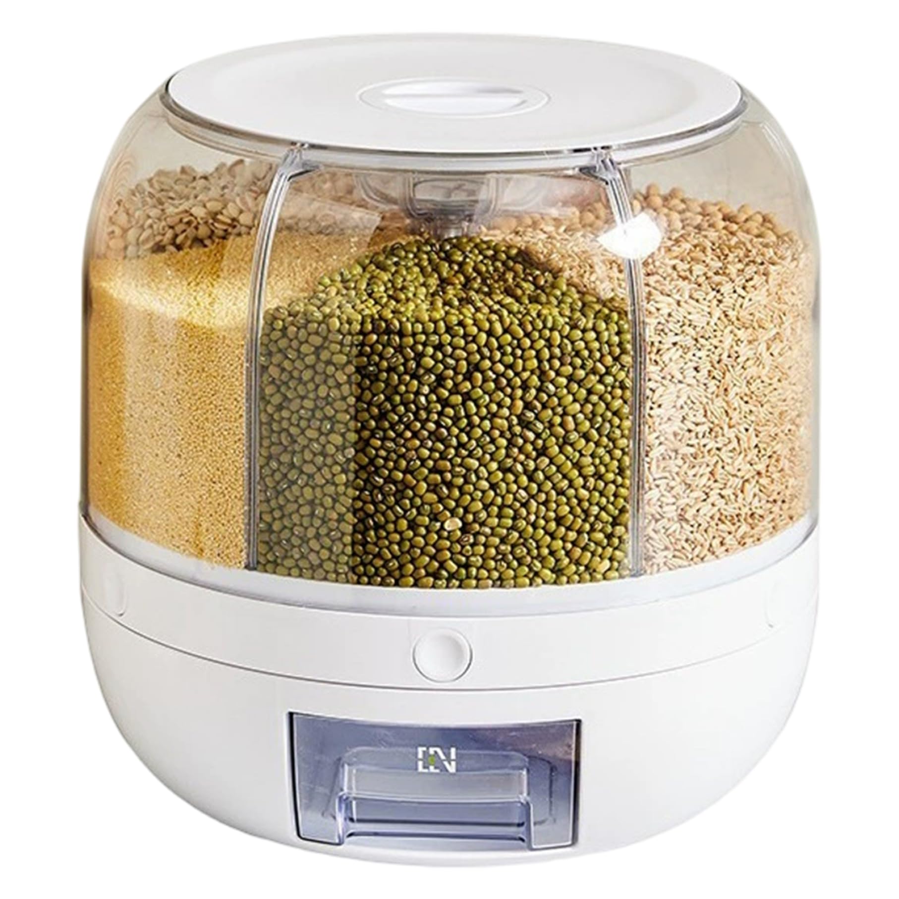 CAKEEYUM Rotating Candy Dispenser 6-Grid Grain Dispenser Kitchen Storage Container with Removable Lid Sealed Countertop Organizer for Rice Beans Nut and Snacks
