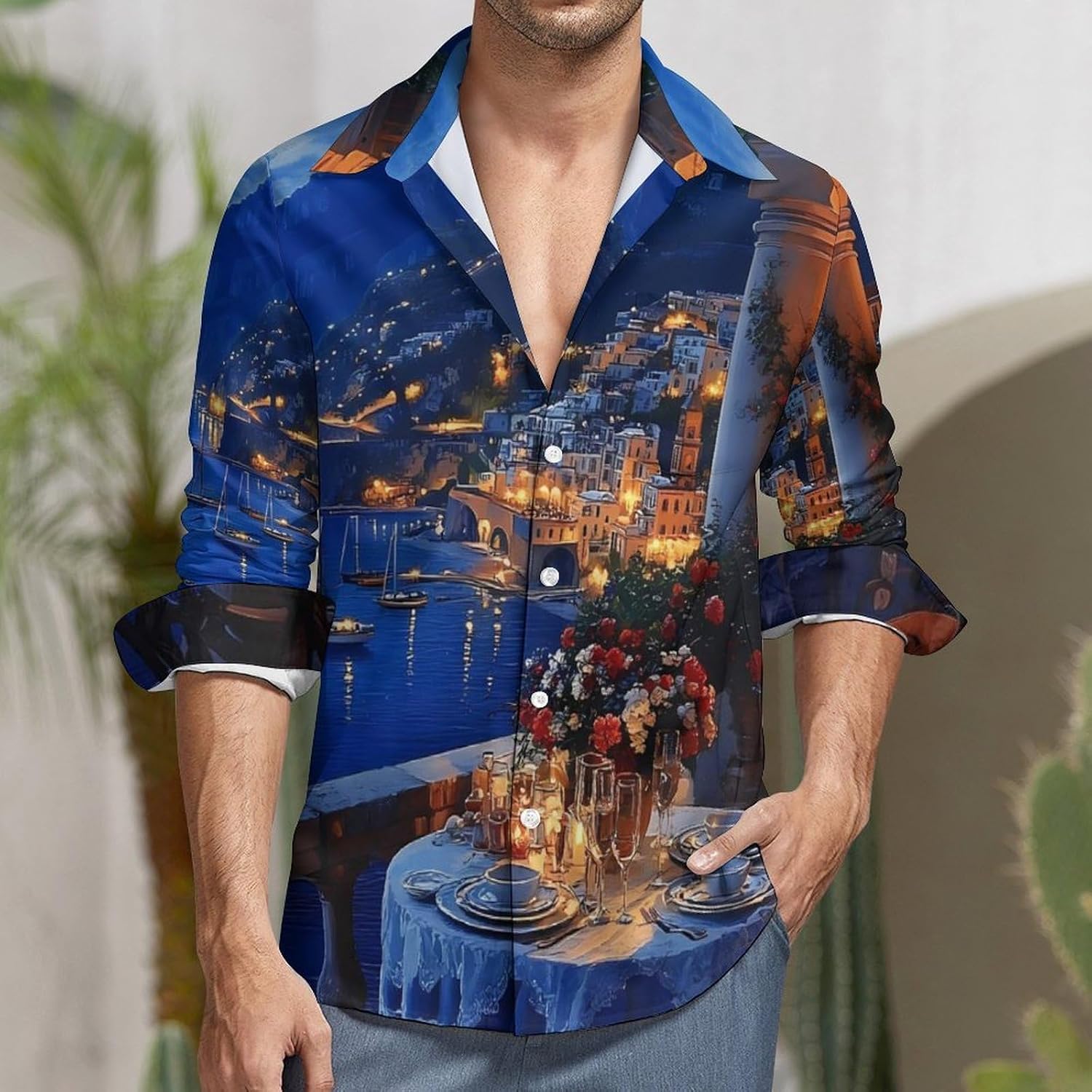 Candlelight Dinner Coastal Balcony Long Sleeve Shirts Casual Dress Shirt Button-down T-shirts for Men