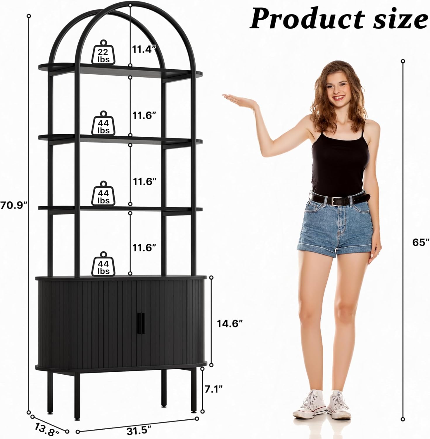 EAG 71" Tall Arched Bookshelf with Sliding Doors, Mid Century Modern Metal Curved Bookcase Cabinet with Storage, 4-Tier Open Display Storage Shelf for Living Room, Home Office, Bedroom, Black