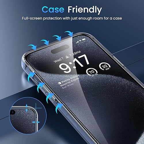 Miniatura 9 de Fotbor Paquete de 3 + 3 protectores de pantalla para iPhone 15 Pro Max con protector de lente de cámara, marco de vidrio templado inastillable de