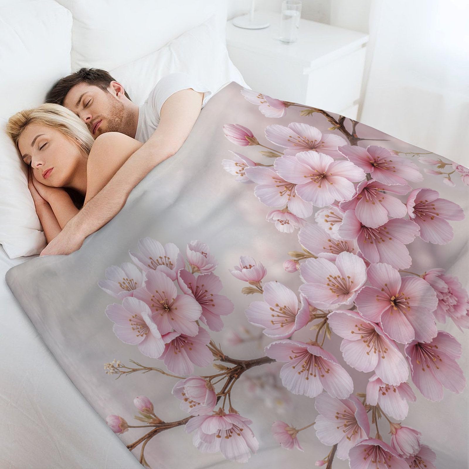 Manta Franela para Cama, Manta para Sofá 150x200cm, Suaves esponjosa Microfibra Blanket, Acuarela Flores De Cerezo Estampado Mantas Calentitas para Niños y Adultos, Rosa Claro