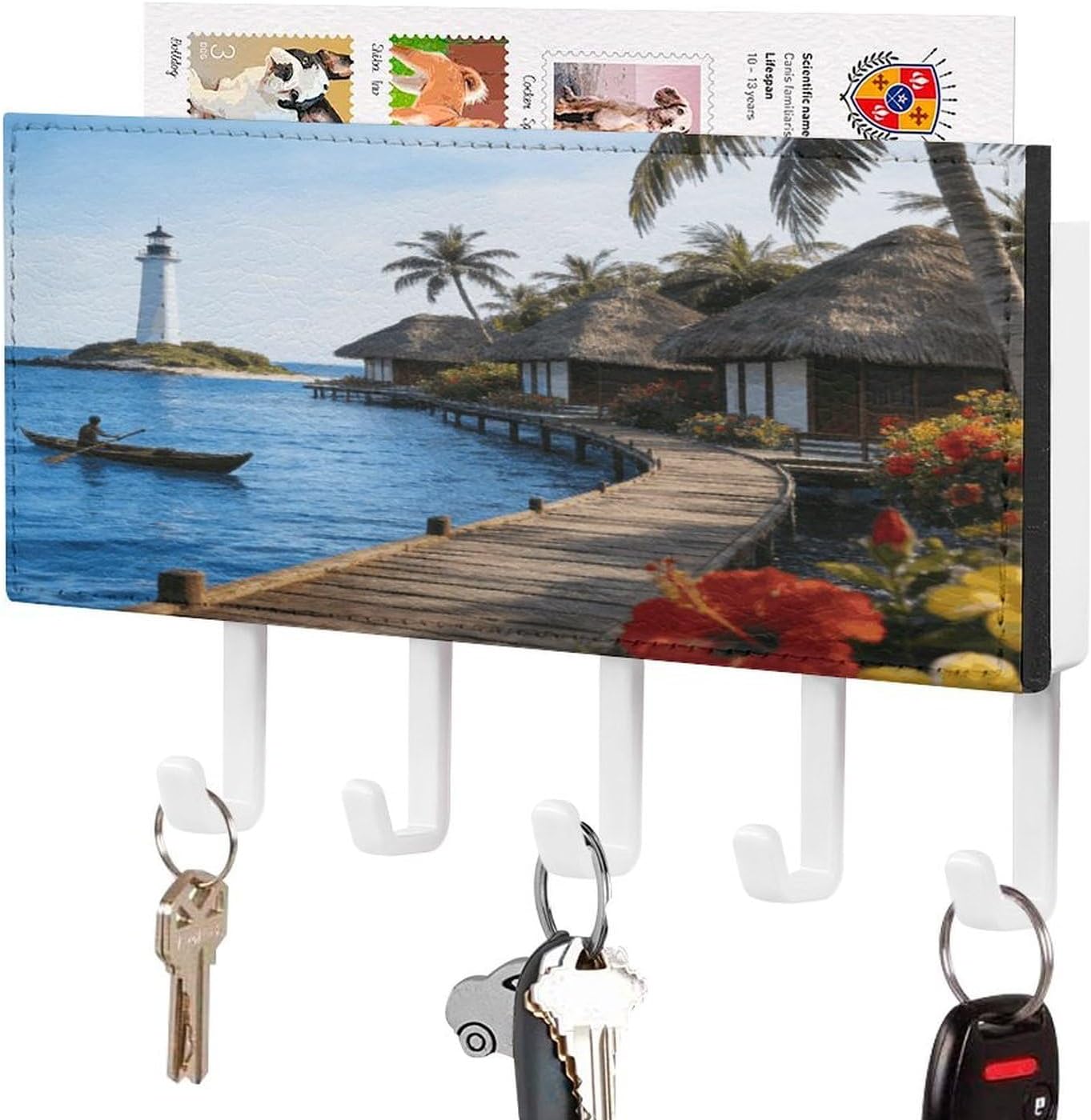 Key Holder Wall Mount Key Hanger with 5 Hooks, Decorative Key Rack | Coconut Breeze Water Residence Hanging Key Hooks with Mail Organizer for Wall Living Room Kitchen Bathroom Hallway