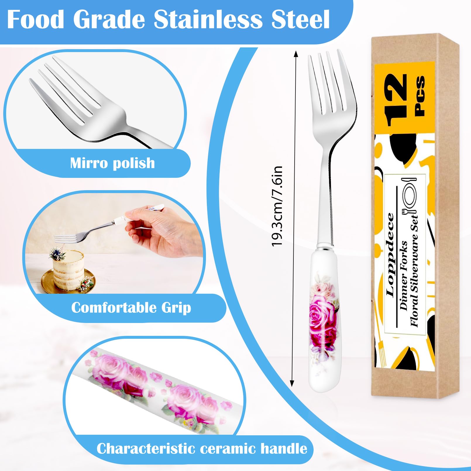 12 Pcs Dinner Forks, Floral Fork with Ceramic Handle, 12 Patterns — Amazon image 2