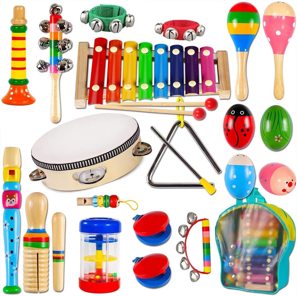 Kids Musical Instruments Set, 20 Pcs Toddler Wooden Percussion Instruments for Baby Children with Tambourine Xylophone Maracas, Preschool Musical Toys Set for Boys and Girls with Carrying Bag
