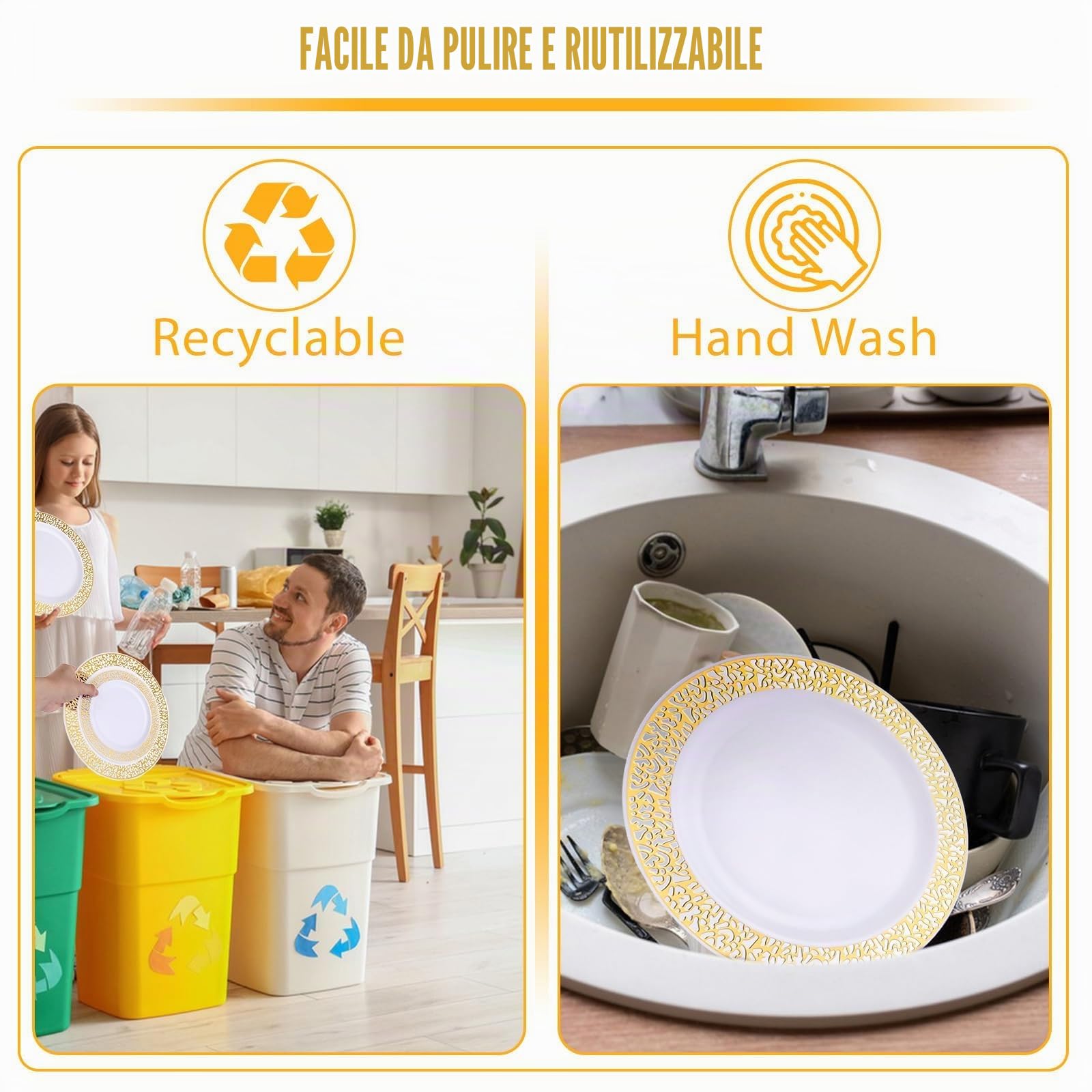 AKOLAFE 50 piatti in plastica bianca con bordo dorato, 2 misure, piatti in plastica riutilizzabili, 19 cm e 26 cm, piatti in plastica stabile, piatti riutilizzabili per matrimoni, feste, compleanni