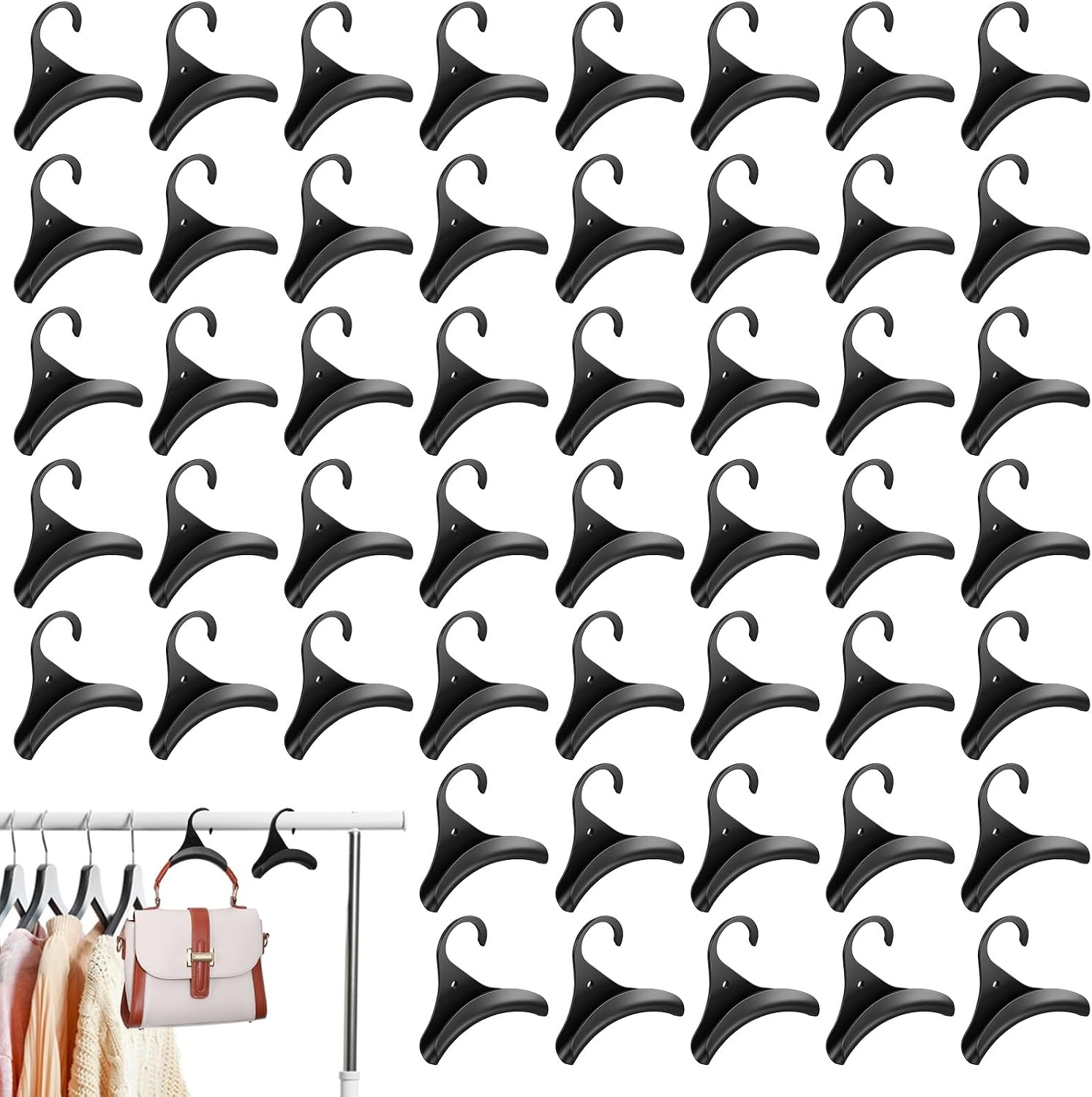 50 Pcs Purse Hanger Hook Bag Hanger for Closet Organizer Storage Black Plastic Holder for Handbags Backpacks Totes Satchels