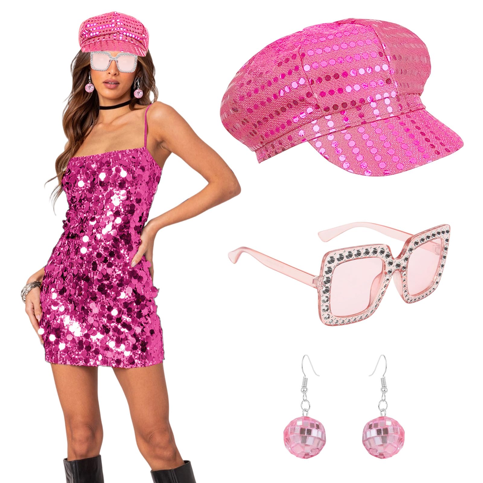 Amycute 80s Pink Sequin Disco Hat Set with Accessories Includes Disco Earrings and Sunglasses, Perfect for ABBA Party Accessories Retro 80s Themed Events (Pink)