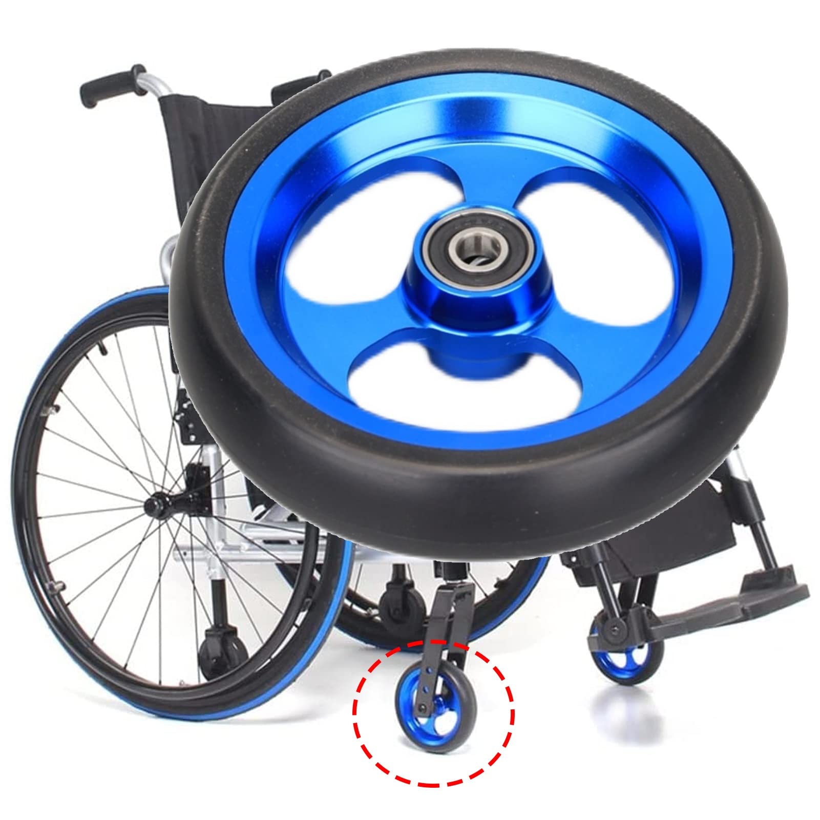 Rueda de Repuesto para Silla de Ruedas, Rueda Delantera de 5 Pulgadas, Ruedas Macizas de PU, Llanta de Aluminio Azul, Rodamiento de 8 mm, para Silla de Ruedas Deportiva, 1 Par