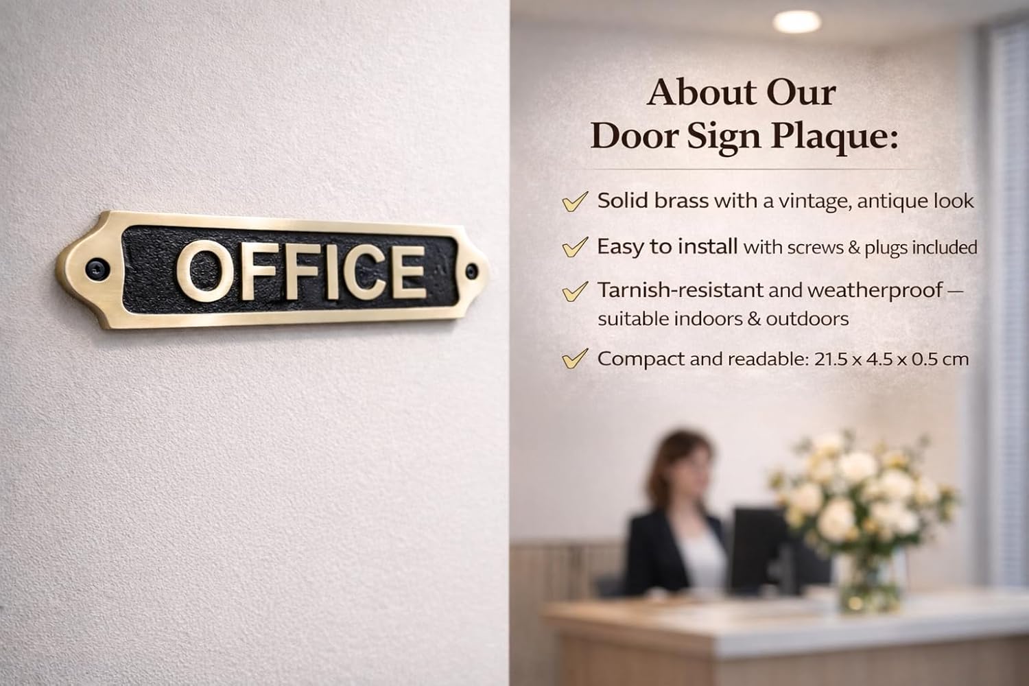 OFFICE Brass with Black Door Sign Plaque | Metal Wall Mounted Office Name Plate with Screws | Classic Professional Room Signage for Home Business Clinic | 22 x 5 cm | OFFICE