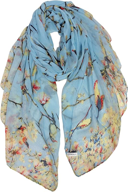 Scarfs for Women Lightweight Cotton Feel Scarves Floral Birds Print