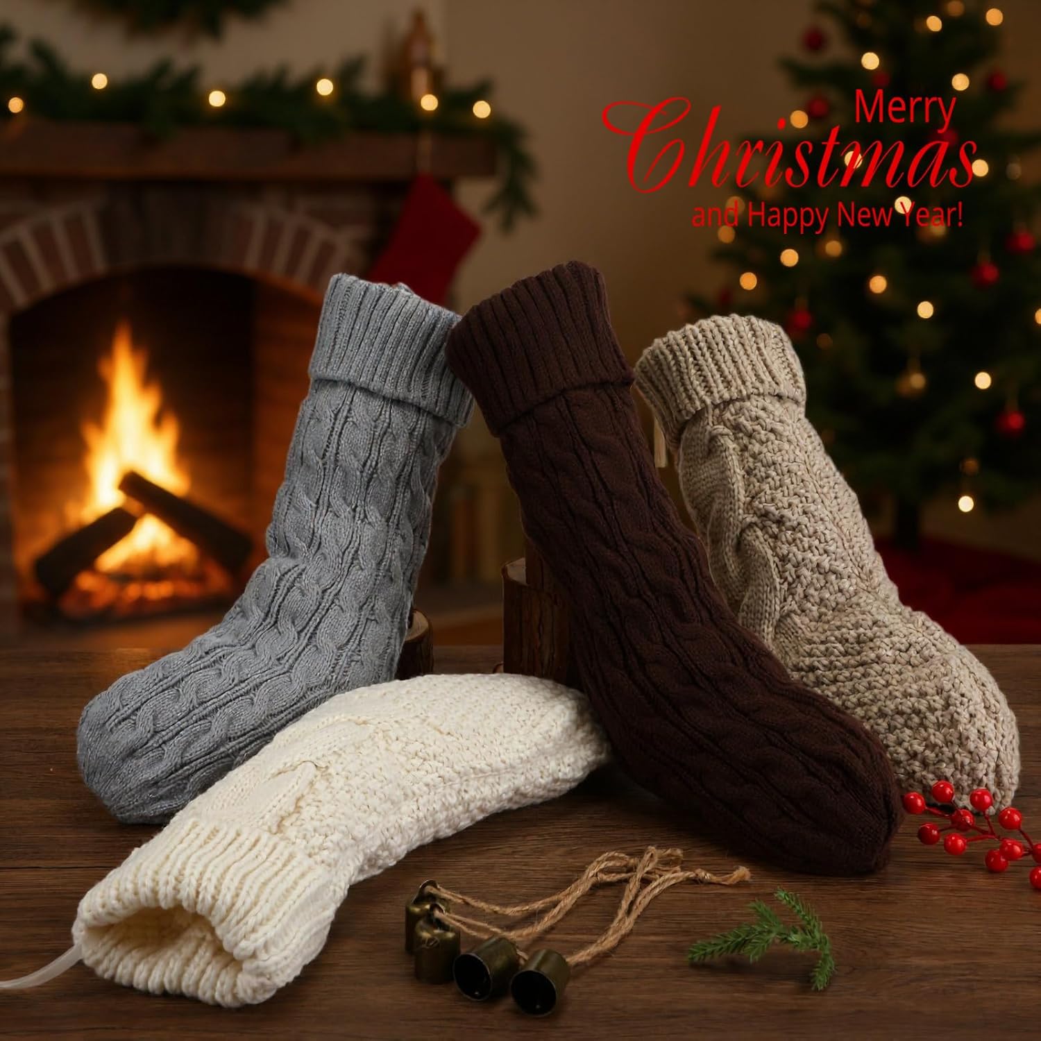 Estune 6 Pack 18'' 15'' Cable Knit Christmas Stockings with 6 Christmas Brass Bells Large Knitted Stocking Ornaments Farmhouse Xmas Rustic Boho Decor for Family Holiday Fireplace Decor (Retro Style)