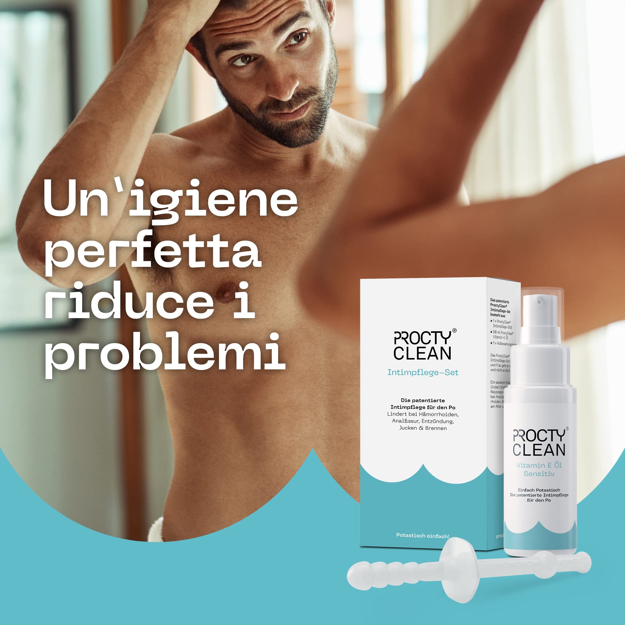 ProctyClean Kit per l'igiene intima del sedere. Brevettato! Aiuto rapido attraverso l'igiene intima. Soprattutto in caso di emorroidi, ragadi anali, prurito e bruciore. Per donne e uomini. | Brevettato, Aiuto rapido attraverso l'igiene intima. Soprattutto