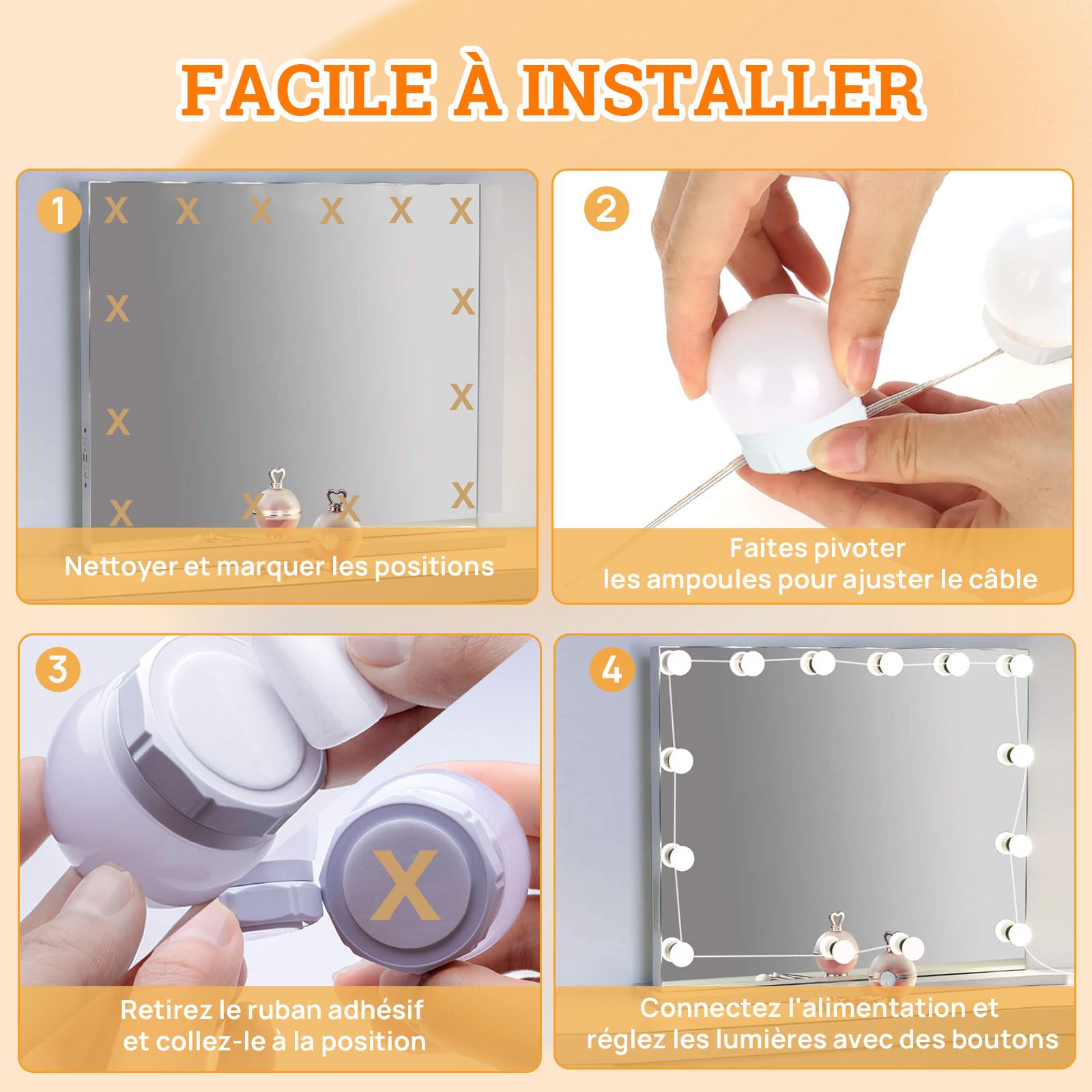 Kit D'éclairage Maquillage LED AKLOSIPY – 4 Ampoules, Ventouse, Intensité Variable – Pour Salle De Bain, Miroir, Coiffeuse - 10