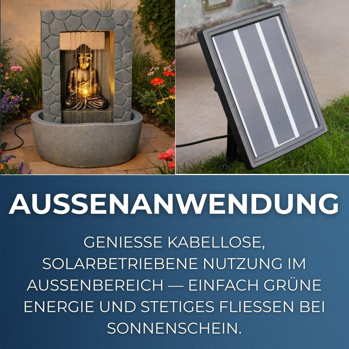Festive Lights 43cm LED Buddha Solar Springbrunnen Grau Stein Optik Solar und USB Betrieb Solar Brunnen Garten für Innen und Außen Solar Brunnen für draussen Wasserspiel