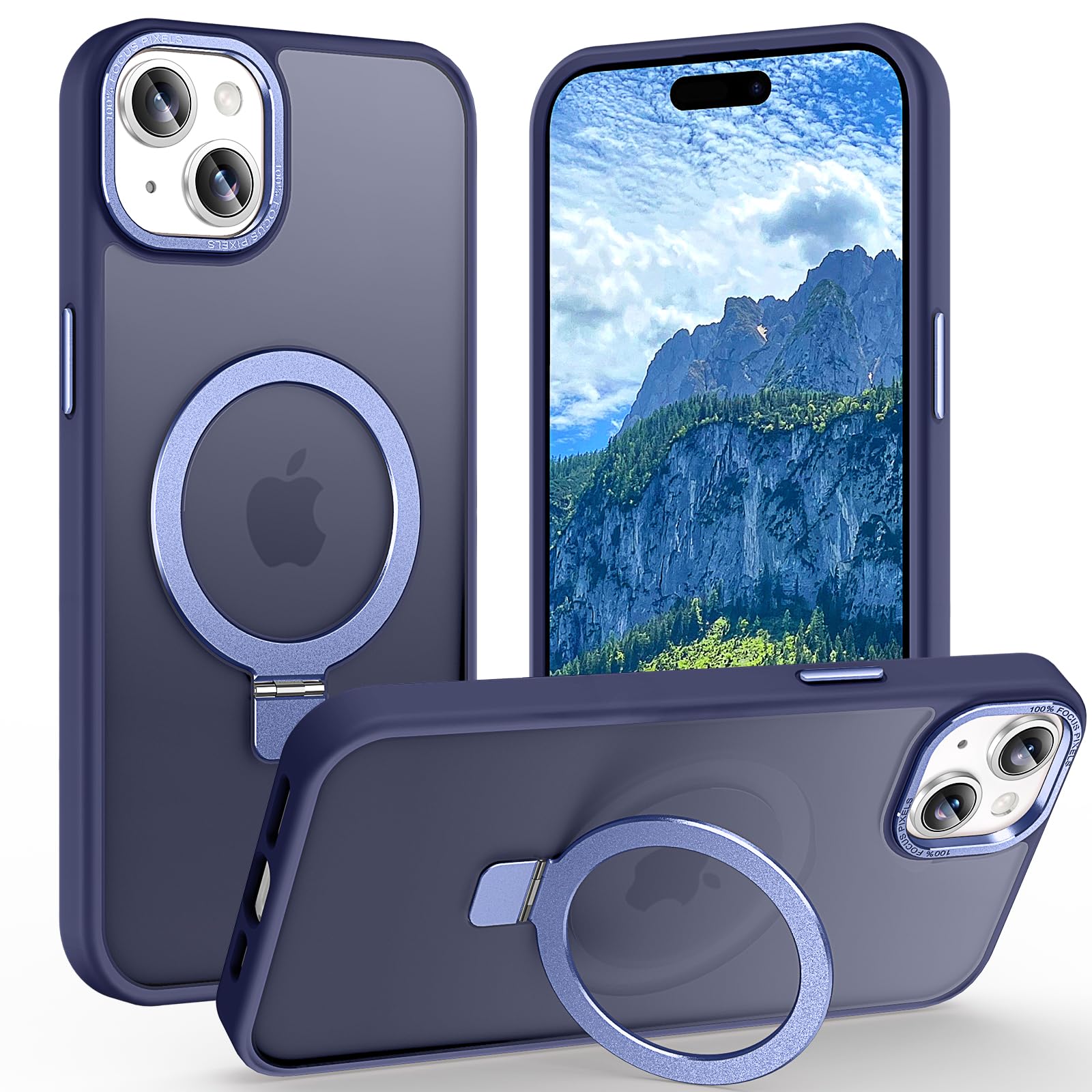 Magnetic for iPhone 15 Case with Ring Stand 10 FT Drop Protection Velvety Touch Slim Translucent Matte Back