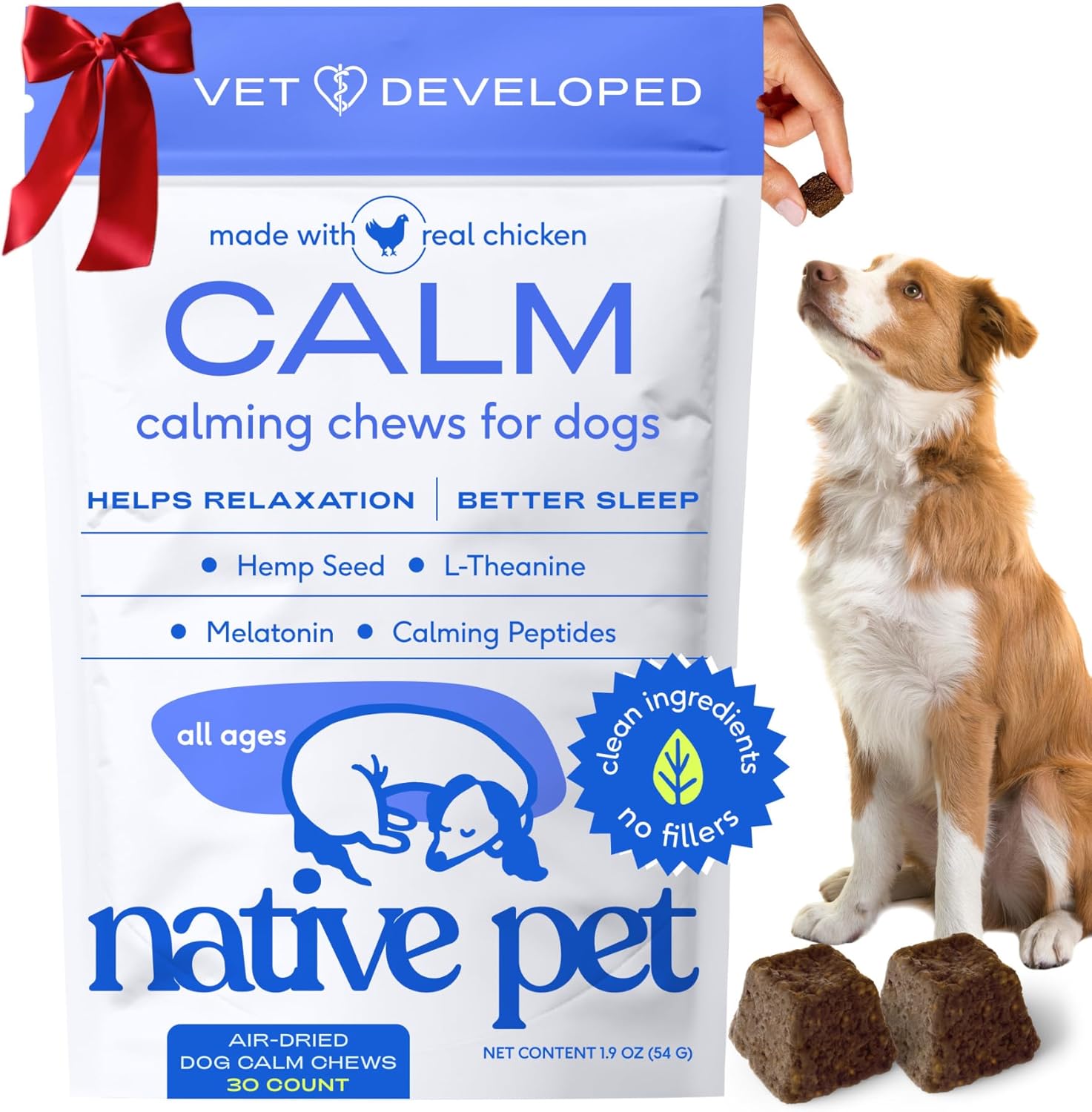 Native Pet Calming Chews for Dogs - Melatonin for Dogs Anxiety Relief - Grain Free All Natural Hemp Calming Treats &amp; L-Theanine Helps Manage Stress &amp; Separation Anxiety - Puppy Sleep Aid - 30 