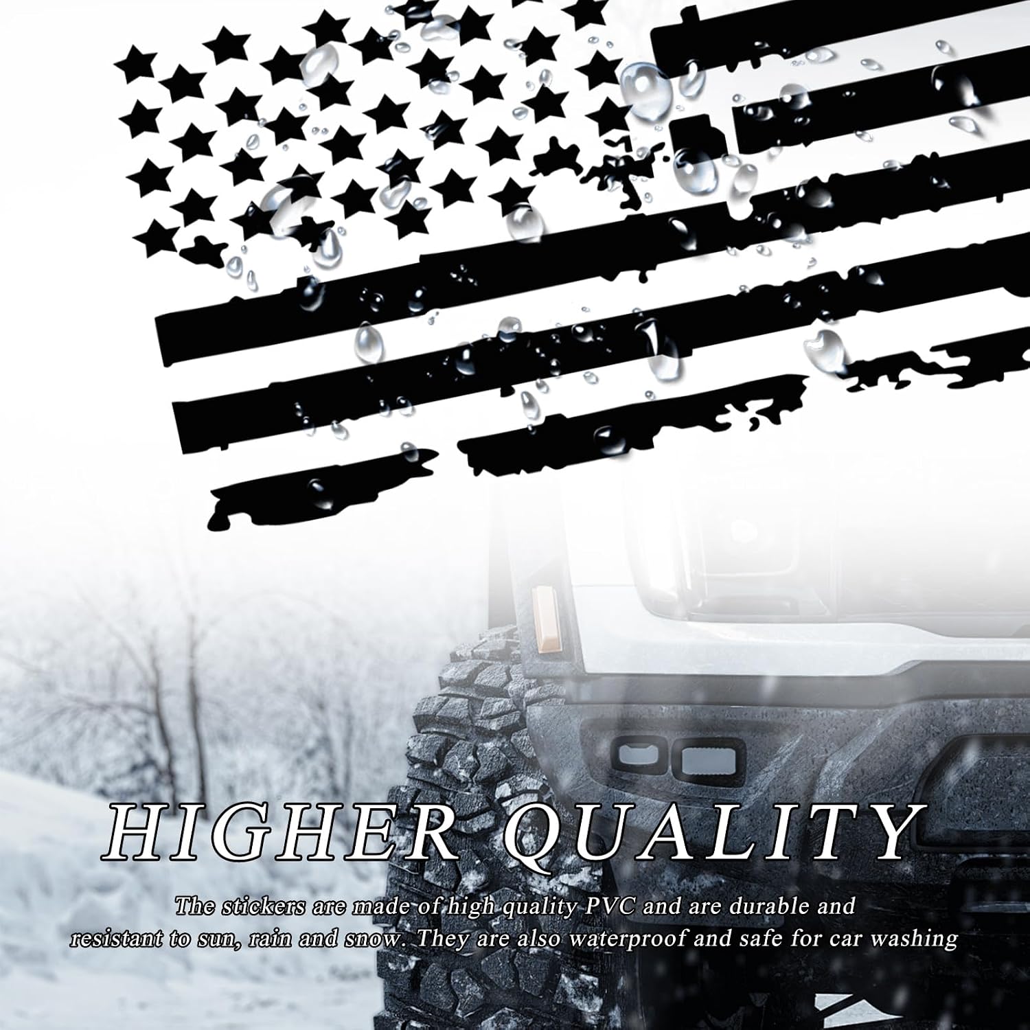 Wevdn Distressed American Flag Sticker, 16.9" × 30.7" Waterproof Patriotic Old Glory Military Grunge Sticker, Universal Car Door Wall Window Windshield Decoration Sticker (Black)
