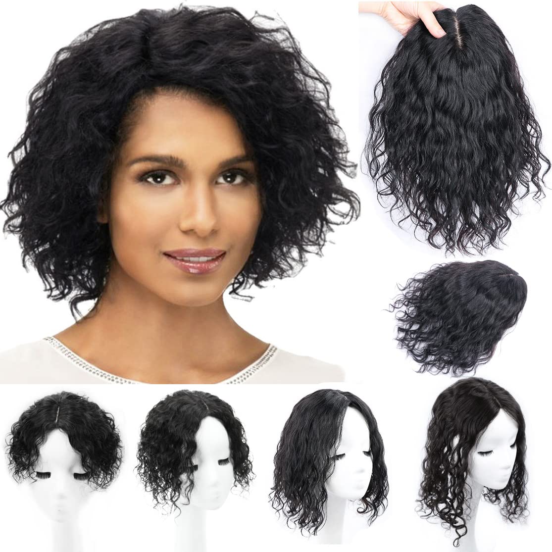 AiUree Fuffly Curly Human Hair Topper Side Part Clip in
