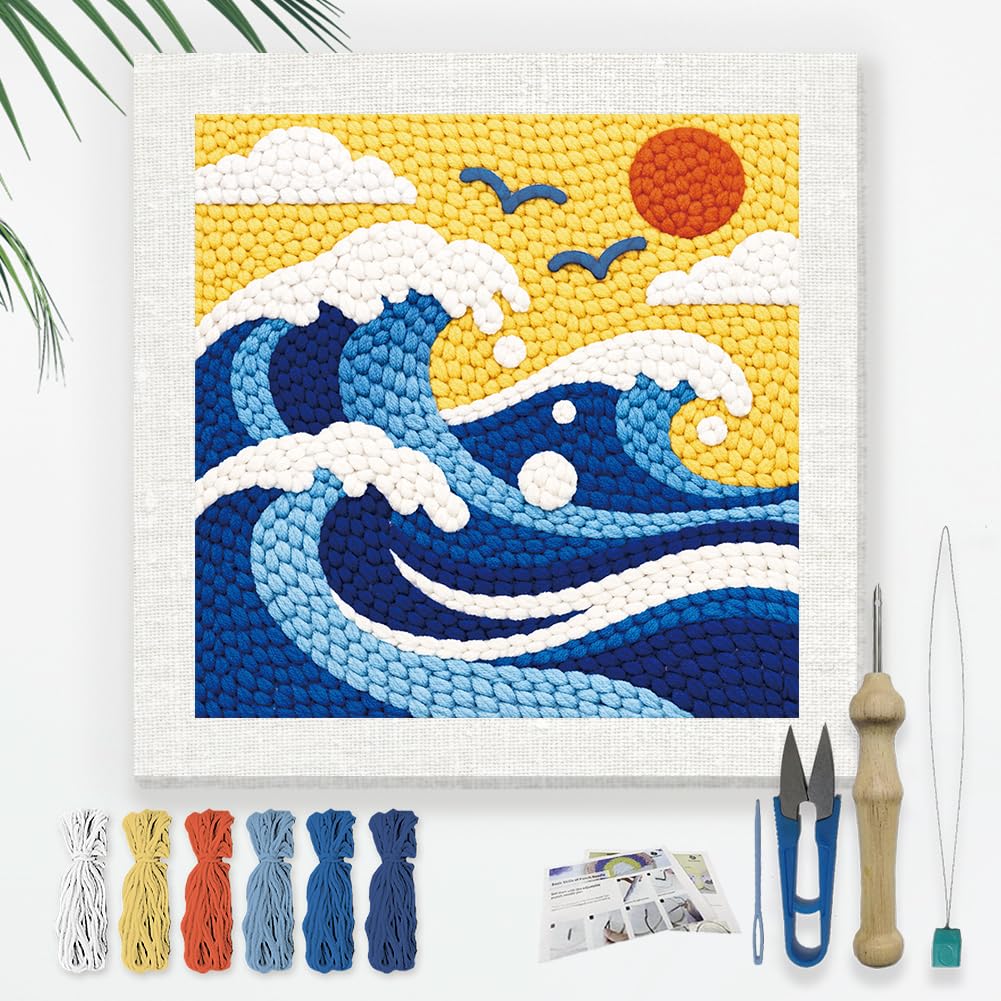 DOODLREAM Ocean Waves Nadelset Für Anfänger 24x24cm Möwen Und Sonnenuntergang Stanzstickerei Bastelset DIY Stickerei Starterset Mit Bedrucktem Rahmen Anweisung Einfädler Garn Quetschnadel