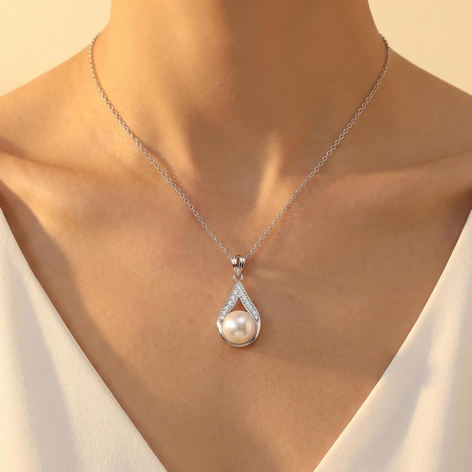 Valentine's Day Gifts for Women Wife Pearl Necklaces for Women Pendant Tear Drop Necklace Sterling Silver - Natural Single Pearl Pendant Elegant Jewelry Gifts for Anniversary Christmas Mothers Day - Image 2