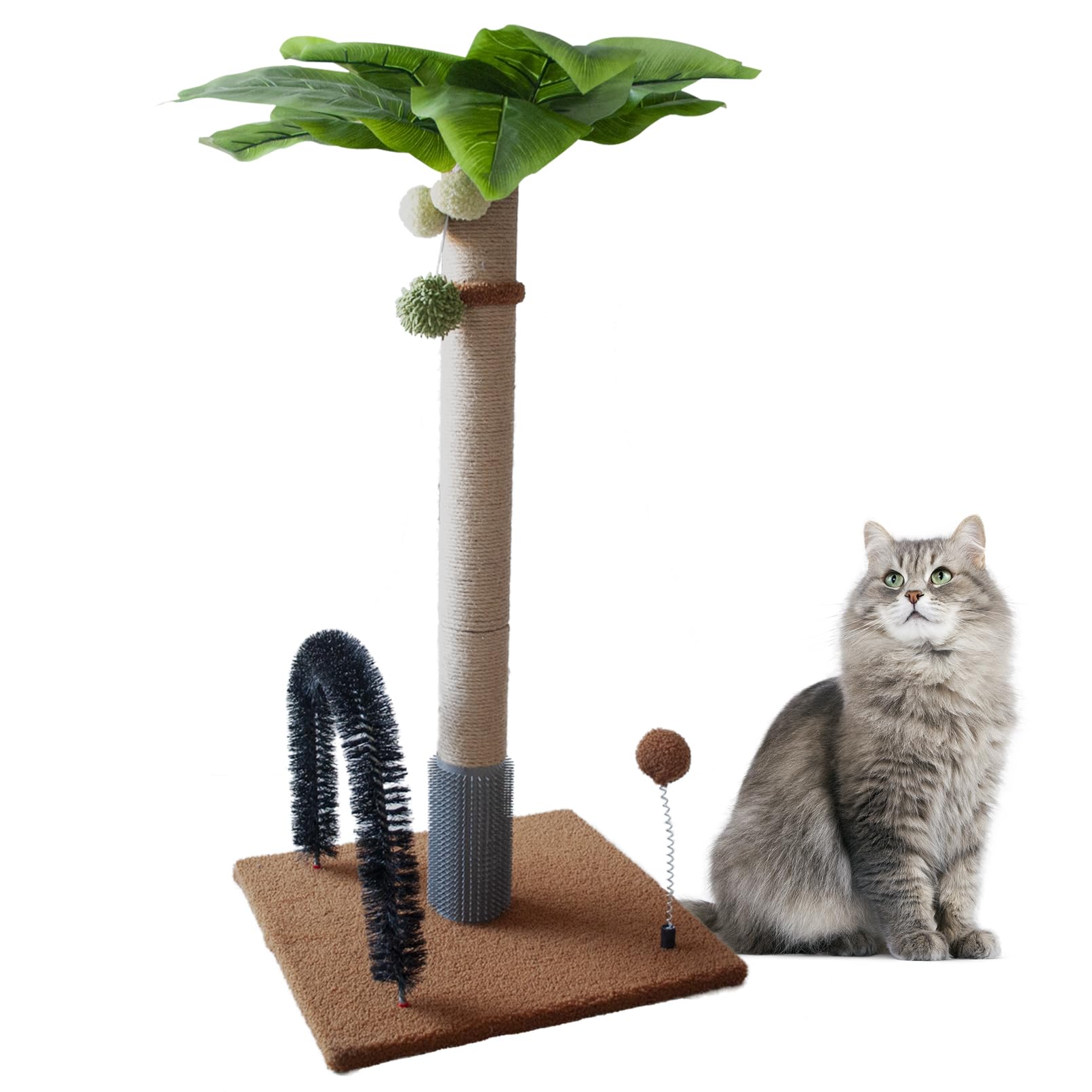 MUYG 29.5 Inches Tall Cat Scratching Post with Arch Self Groomer Hanging Spring Balls,Brown Palm Sisal Cat Tree Kitty Activity Center for Adults Cats Kitten Indoor Cats