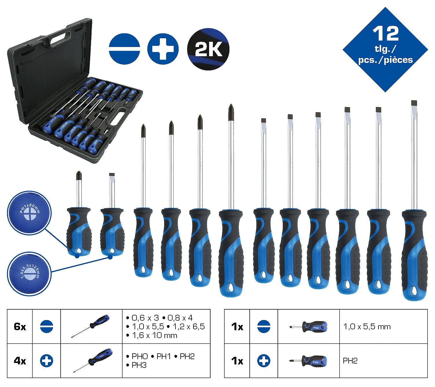 BRILLIANT TOOLS BT033012 Serie giraviti, 12 pz, intaglio, PH [Powered by KS TOOLS]
