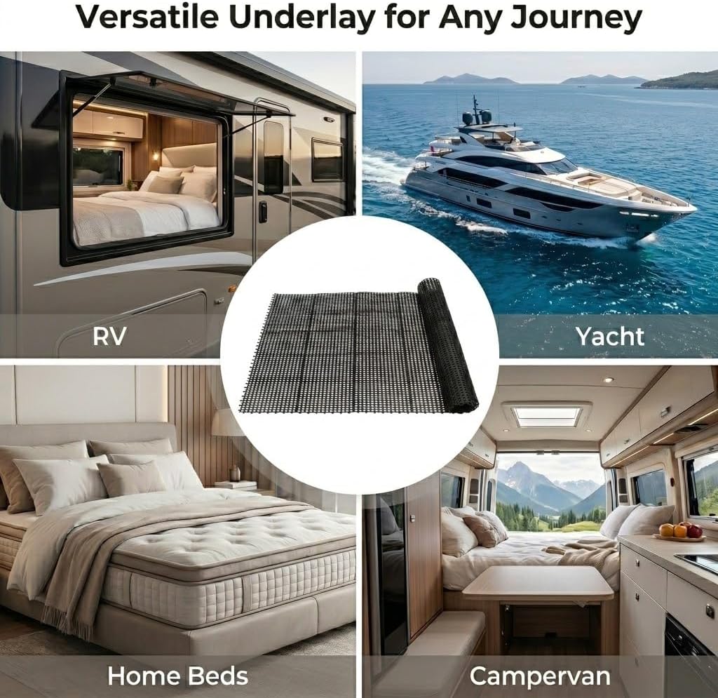 83" L x 59" Inch Plastic Ventilated Mattress Underlay Pad for RV Boat Camper Interlocking Modular Design, Breathable Mesh RV Under Mattress Ventilation Air-Flow (Black)