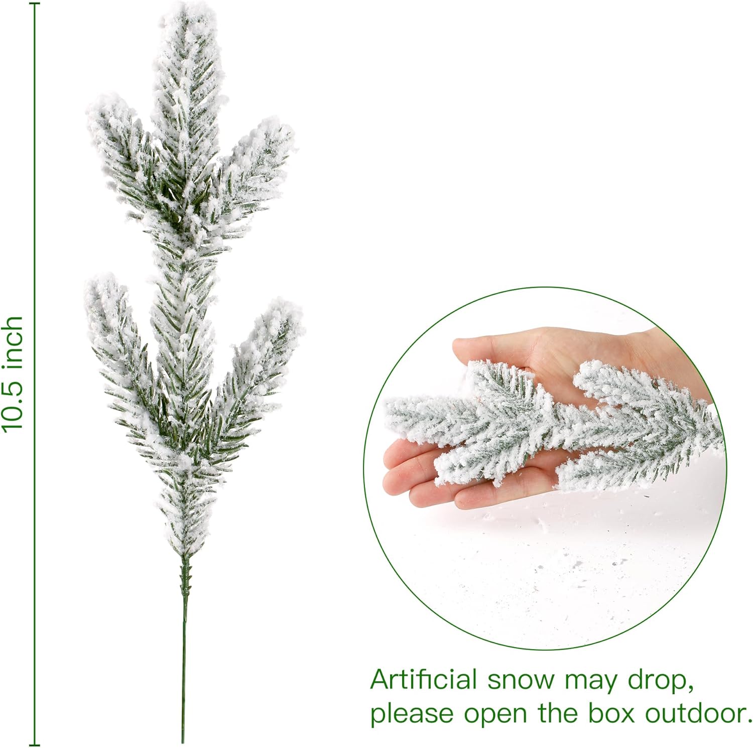 Condition photo showing New/Like New for sggvecsy 15 pcs snow frosted artificial pine branches christmas snowy pine needles fake greenery pine spray picks for diy crafts garland wreath xmas embellishing home holiday decoration 15pcs