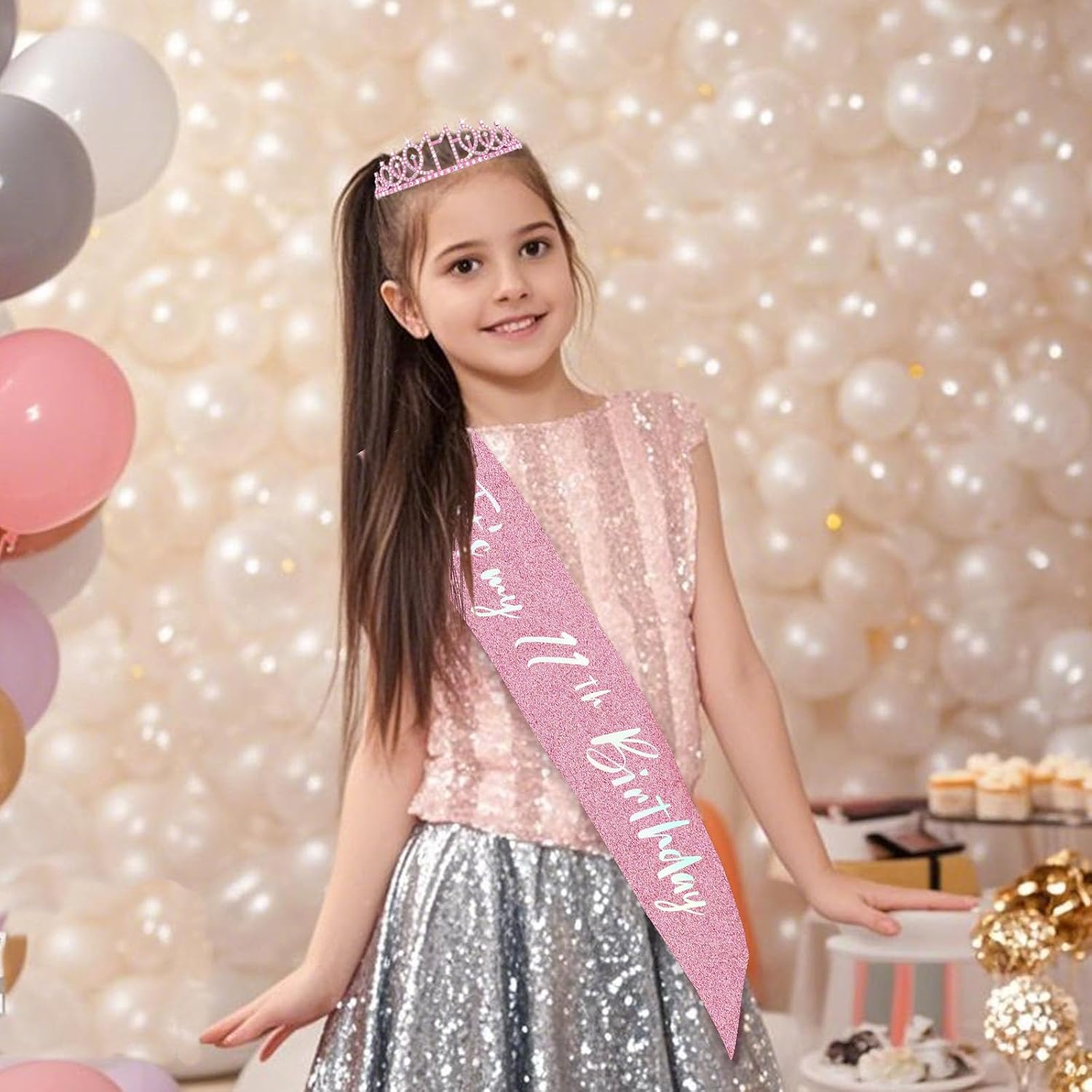 Canitor 11th Birthday Decorations for Girl Happy Birthday Crown Tiara Headband Sash Set for Party Gifts