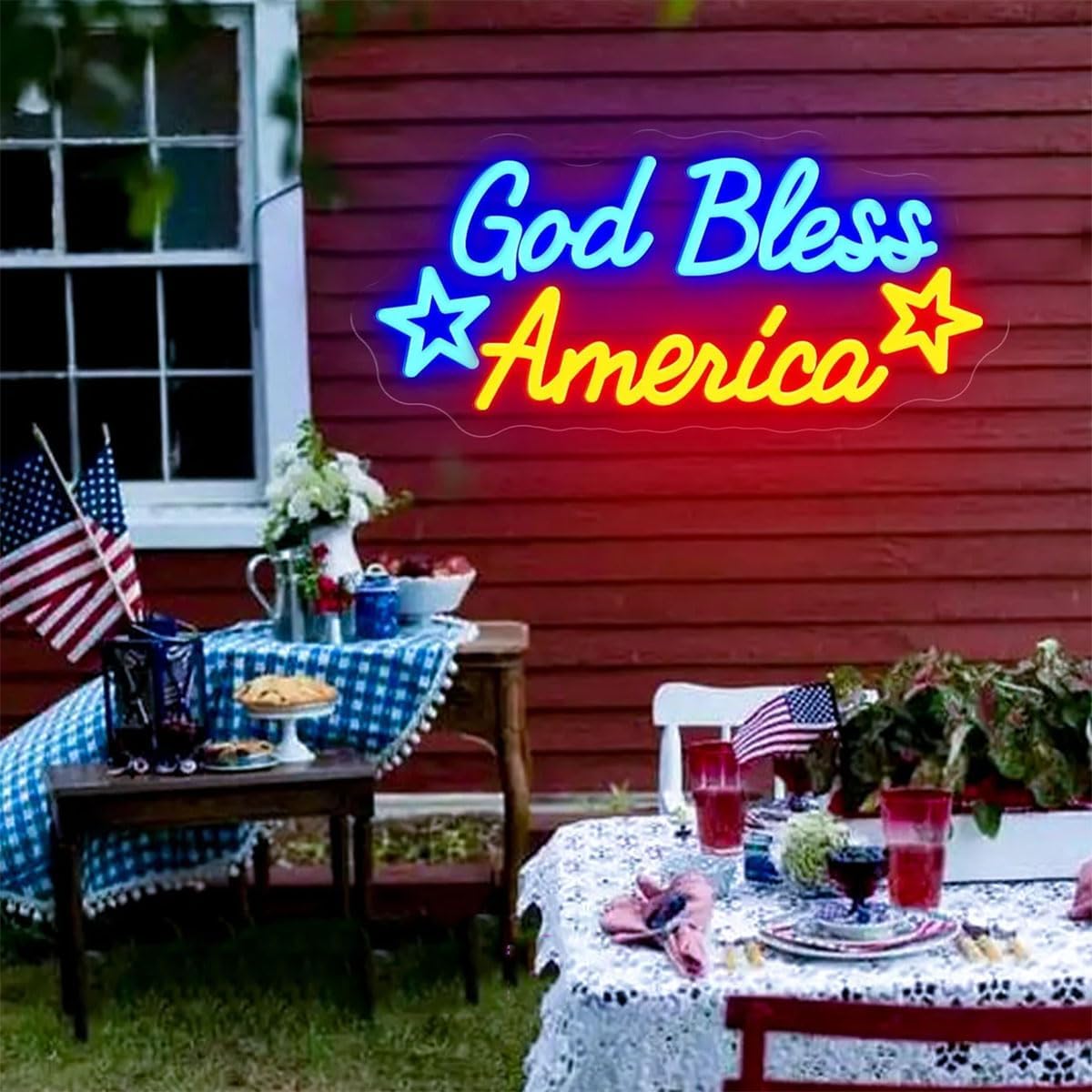 God Bless America Neon Sign -20inch-Custom LED Signs Independence Day Wall Decor, America 4th July Neon Light, Independence Day Party Led Sign, Yards Decor.(Red&Blue)