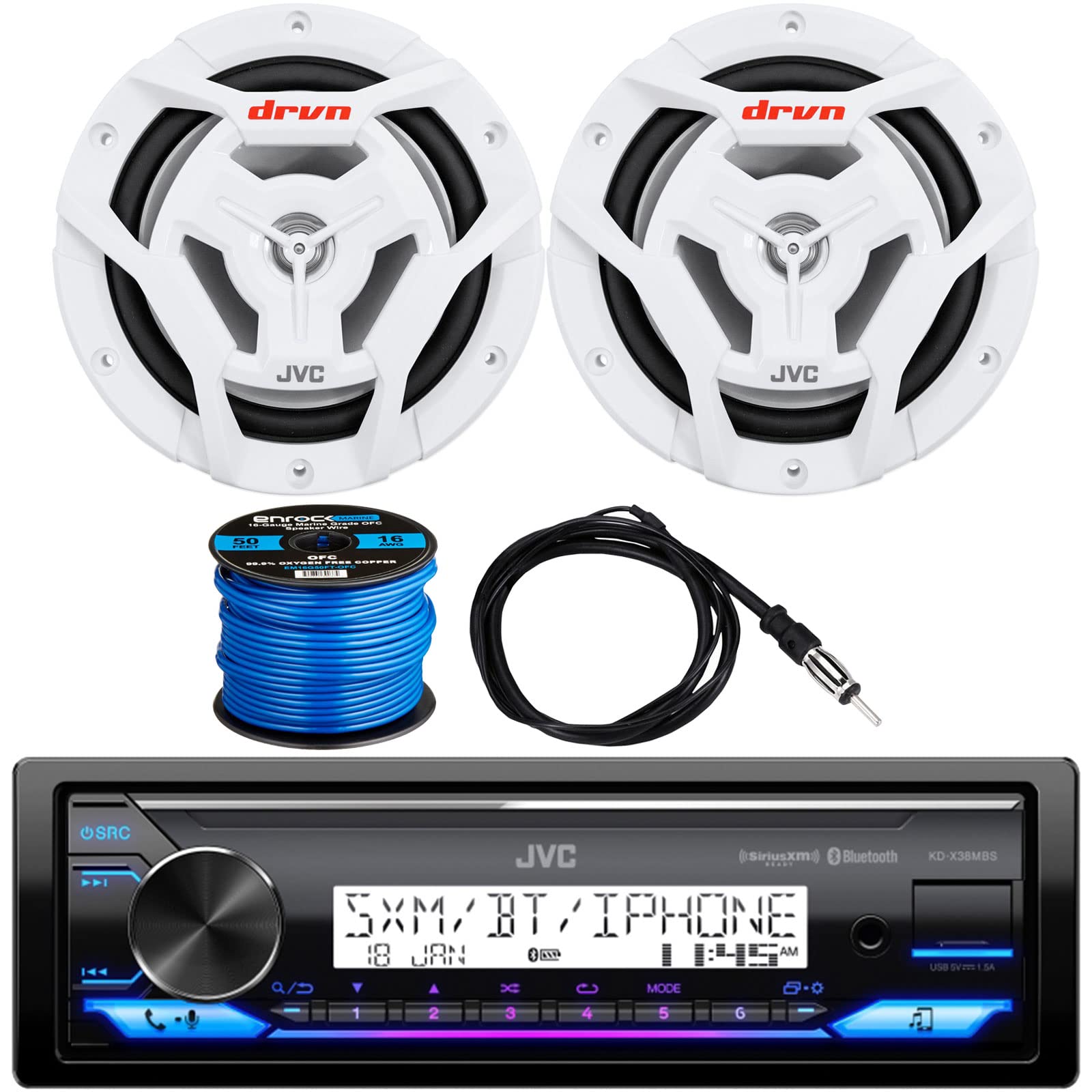JVC KDX Single DIN Marine Bluetooth USB AUX AM/FM Radio Digital Media Receiver Bundle Combo with 1 Pair of 6.5" 300 Watts Max Power 2-Way Coaxial