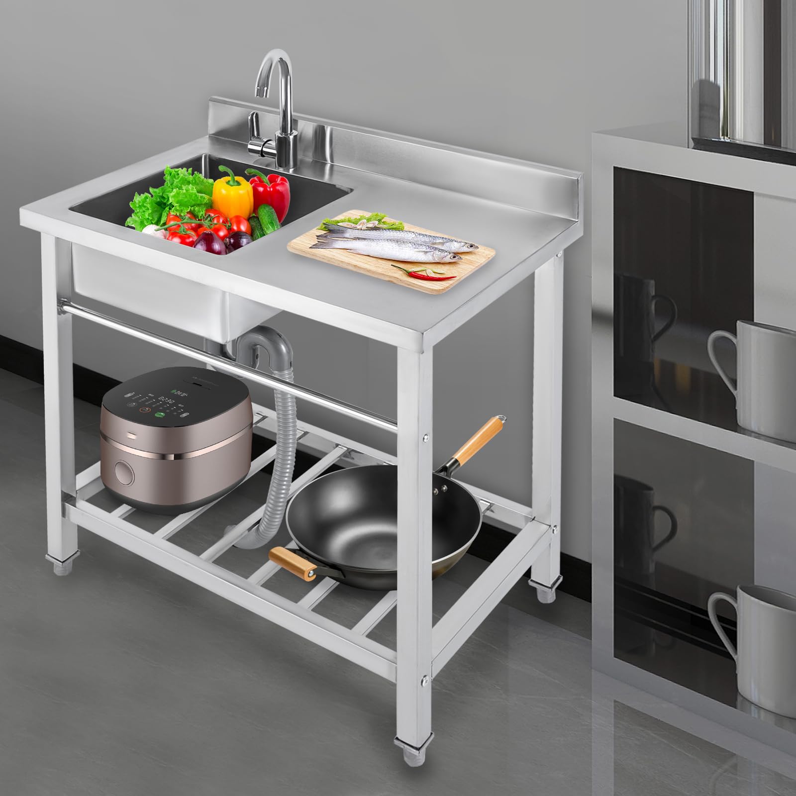 Fregadero de cocina de acero inoxidable, fregadero de cocina independiente, fregadero de cocina de pie de acero inoxidable, con grifo y banco de trabajo, con patas cuadradas, para exterior, interior
