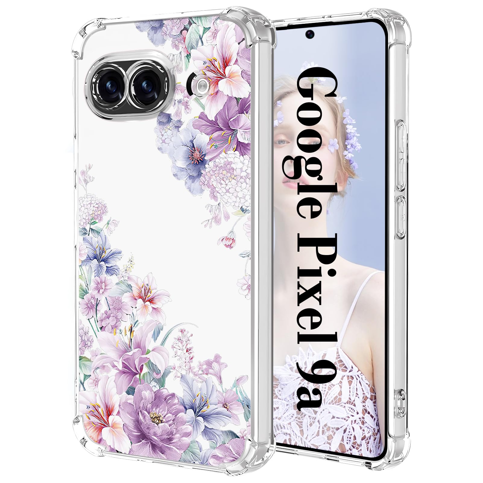 Tcaraersing for Google Pixel 9A Case Clear with Flower Pattern, Upgraded [Full Camera Protection] Shockproof Bumper Corner Transparent Soft TPU Slim