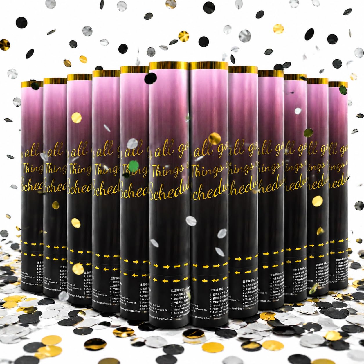 Confeti Cannon - Juego de 12 piezas de confeti redondo negro dorado y gris para celebrar fiestas, aniversarios, bodas, Nochevieja, cumpleaños y bodas (paquete de 12)