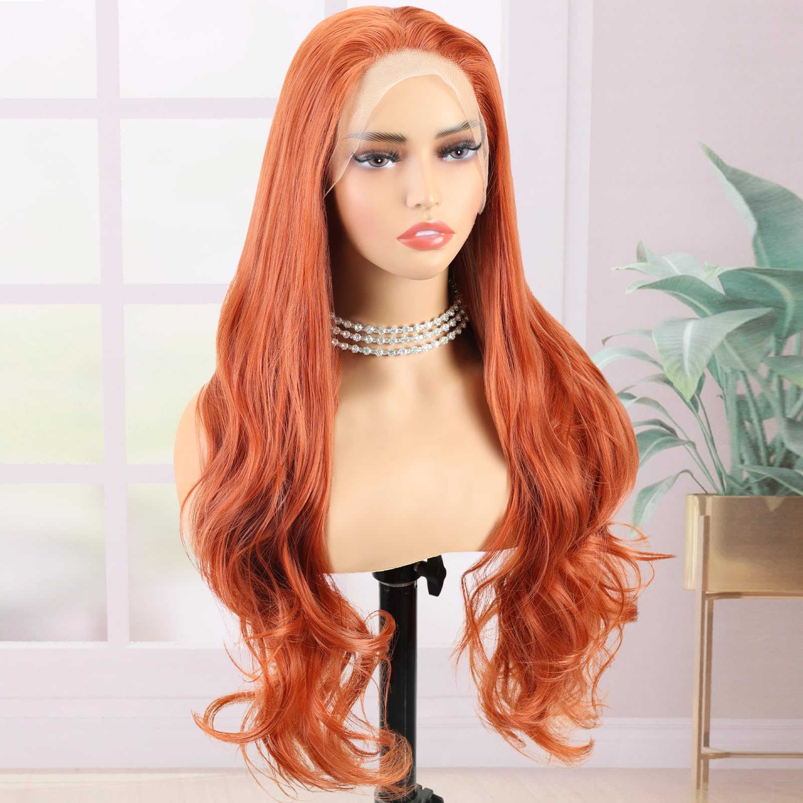 Creamily Orange Lace Front Wig Long Wavy Synthetic Wig Silky Heat Resistant Glueless 13x3 Synthetic Lace Front Wigs Natural Hairline for Women - Image 3