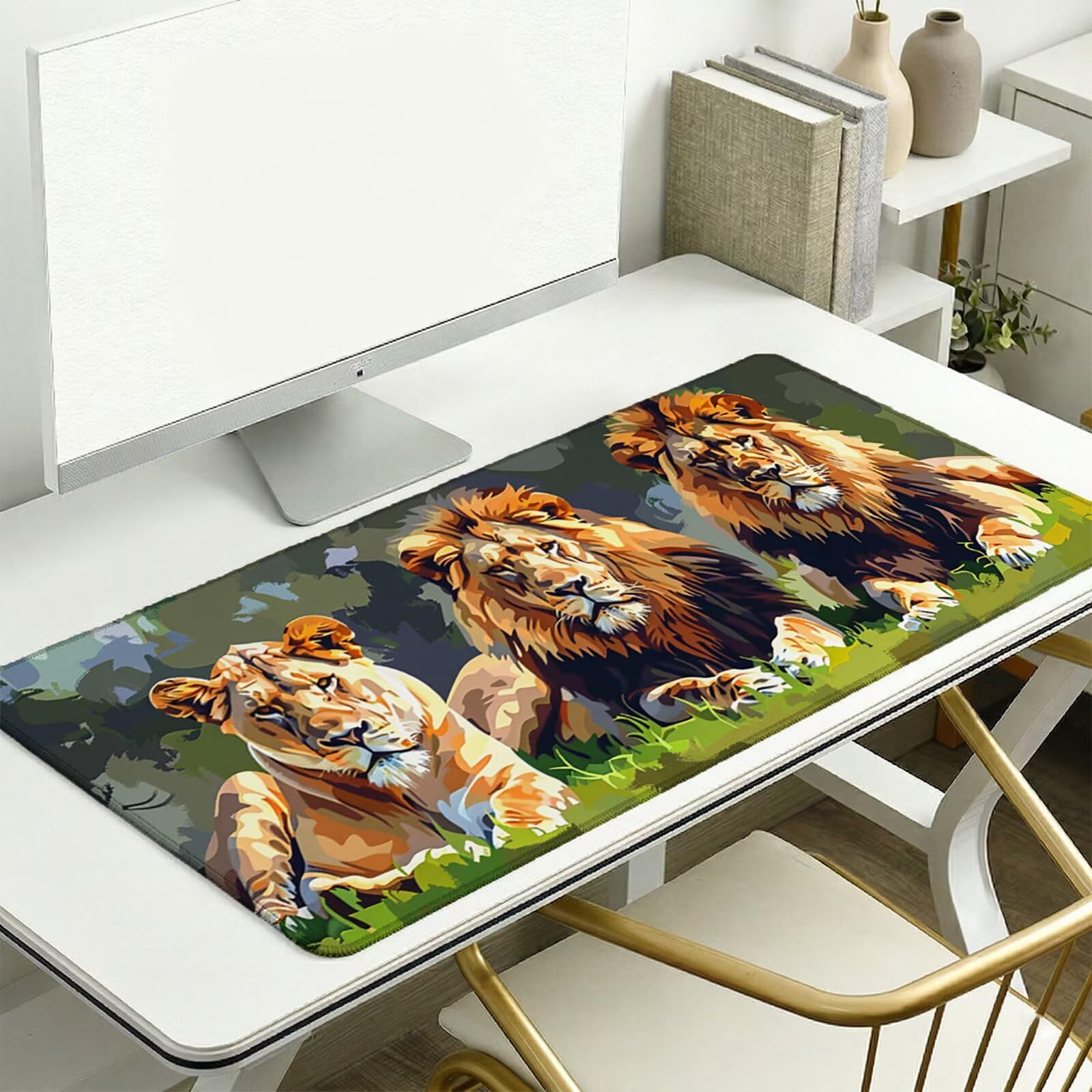 Alfombrilla Ratón XXL 1200 x 600 x 3 mm, Alfombrilla Escritorio, León Grande Protector de Mesa con Base de Goma Antideslizante y Bordes Cosidos, Impermeable, para Oficina, PC, Gaming (Animal) L-x7122
