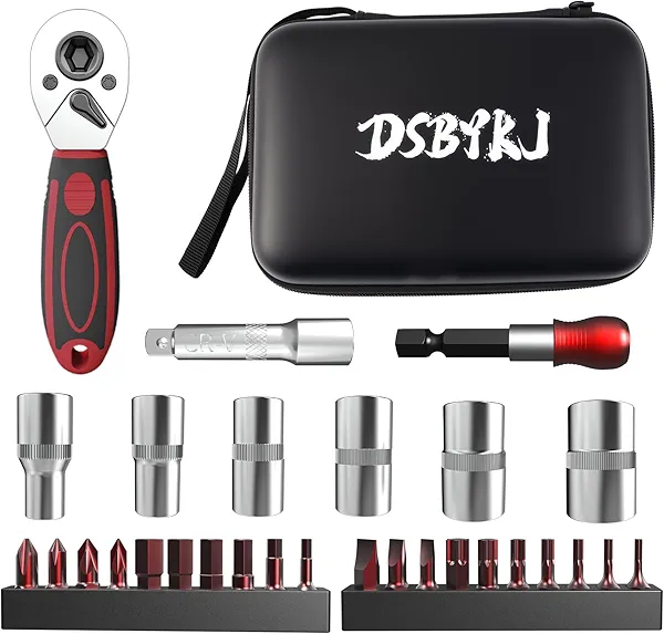 DSBYKJ 29-Piece 1/4-Inch Drive Socket Ratchet Wrench Set with Drill Bit Socket Set, Metric and Extension Bar, for Car Repair and Home Use, with Storage Bag for Easy Carrying Cr-V