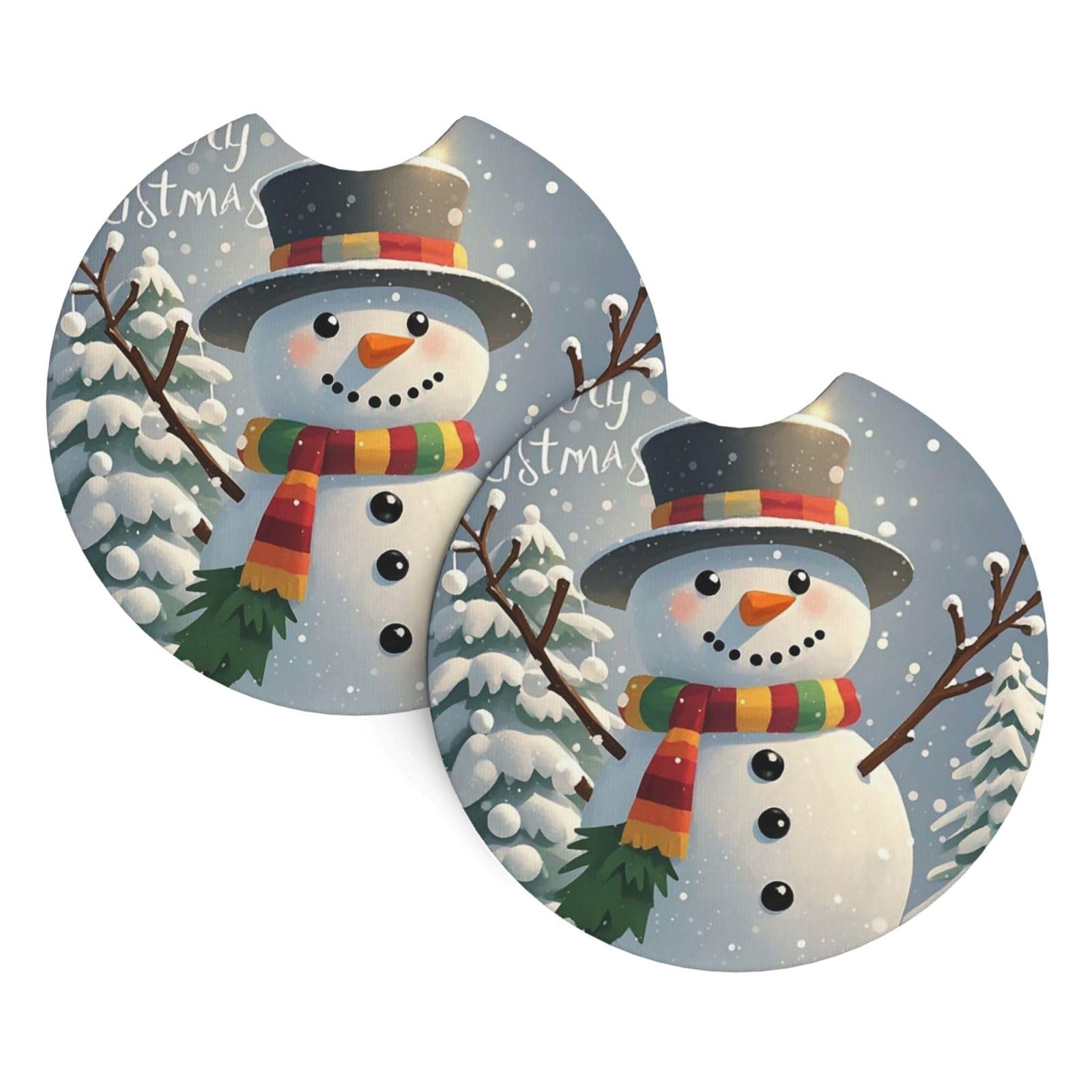 2 Pack Car Cup Holder Coasters 2.7 Inch Universal Anti-Slip Shockproof Car Cup Holder Insert Merry Christmas Snowman Car Coasters Drink Coasters Cup Holder Coasters for Car Accessories