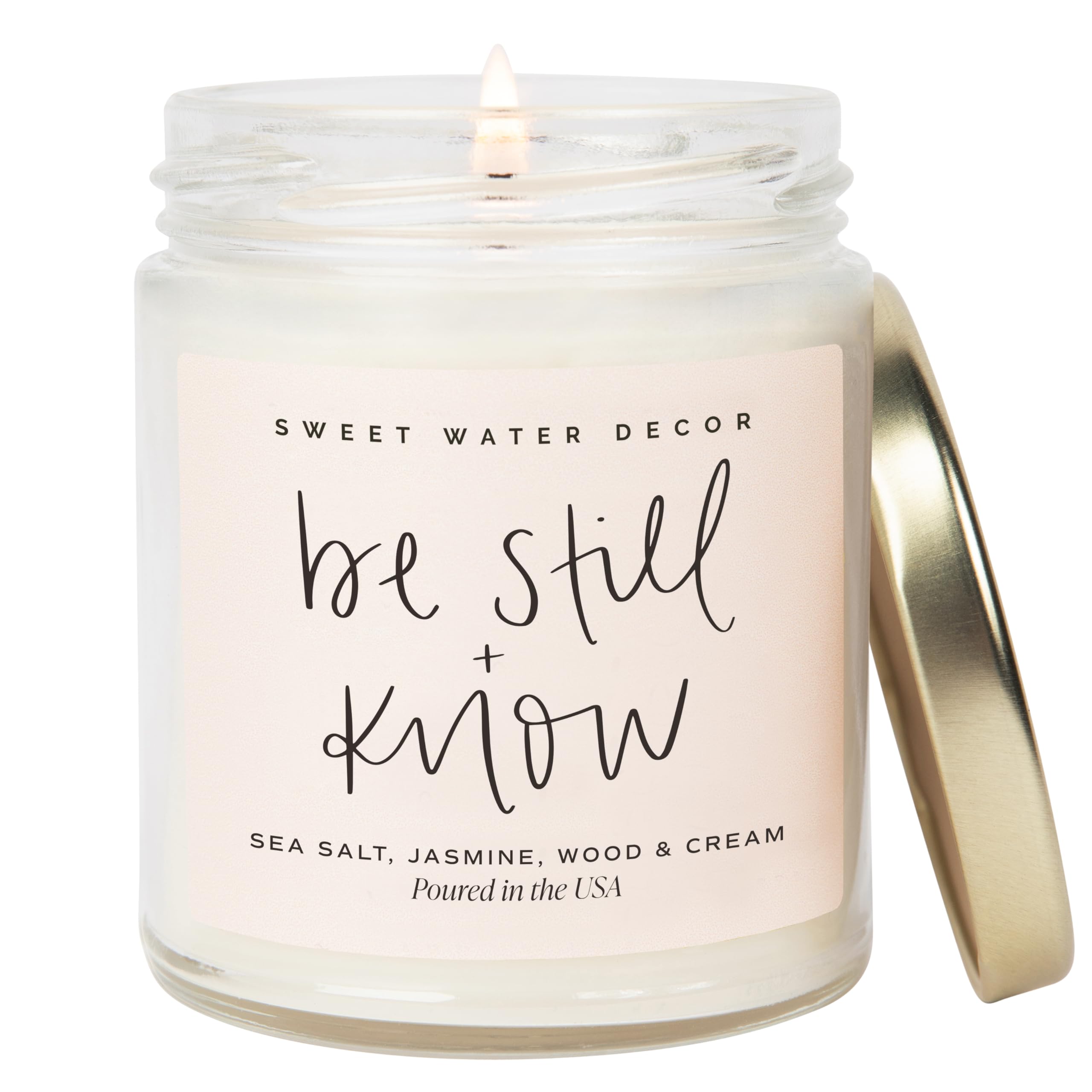 Sweet Water Decor, Be Still and Know, Sea Salt, Jasmine, Cream, and Wood Scented Soy Wax Candle for Home - Christian Candle Gifts for Women - 9oz Clear Jar, 40 Hour Burn Time, Made in The USA