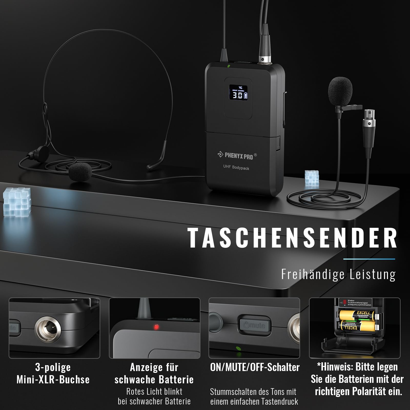 Phenyx Pro Funkmikrofon-System UHF Dual Auto Scan PTU-71-2B | 2 Bodypacks, 2 x 100 Frequenzen, 328 ft Reichweite, Freihand-Sprechen, Live-Gesang, Gottesdienste, DJ-Sets