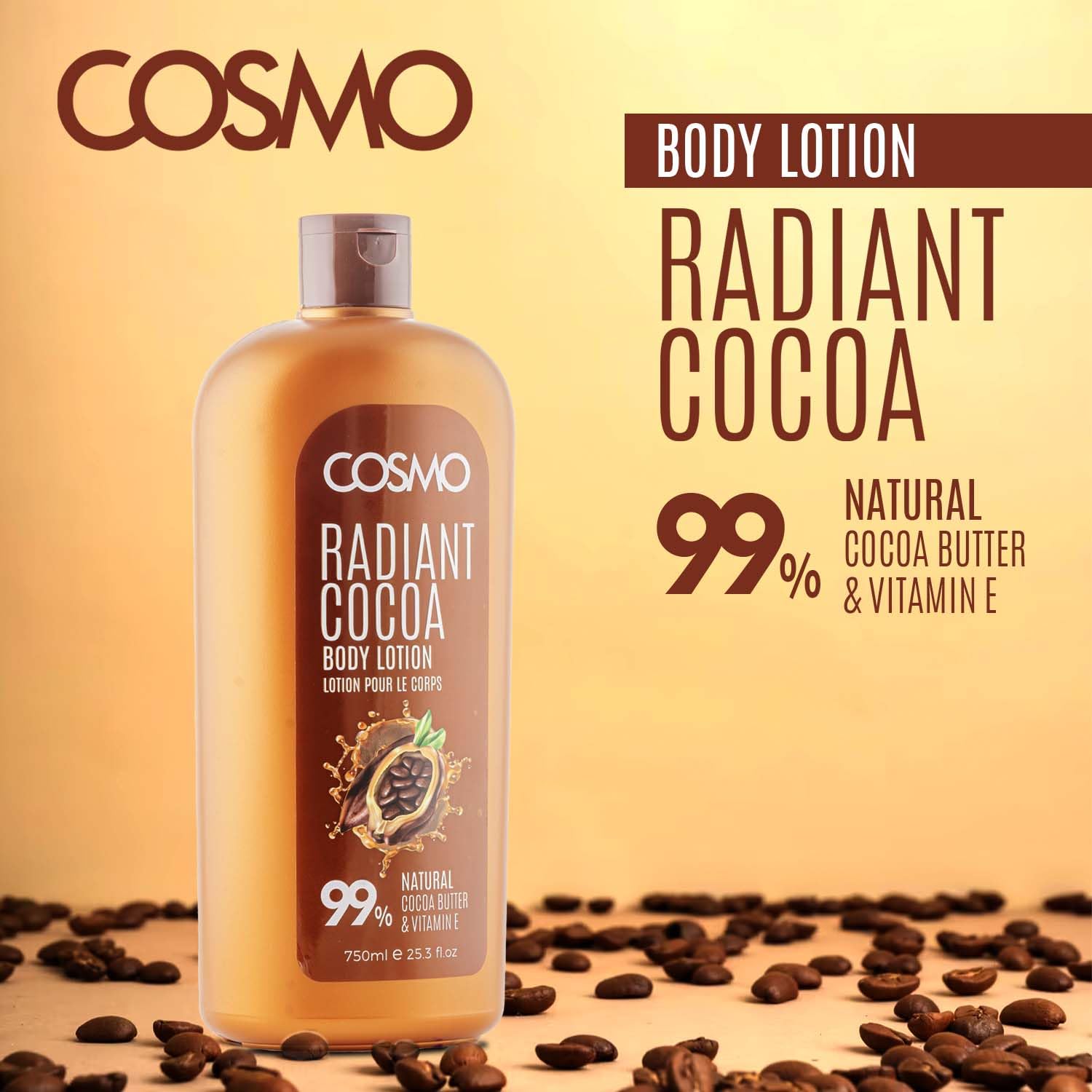 Cosmo Skin Care Radiant Cocoa Body Lotion 750ml/25.5fl.oz, Cocoa Butter & Vitamin E Extract, Face & Body Lotion, Nourishes, Hydrates, Moisturizes, Non Greasy Formula, Long Lasting, For All Skin Types - Image 2