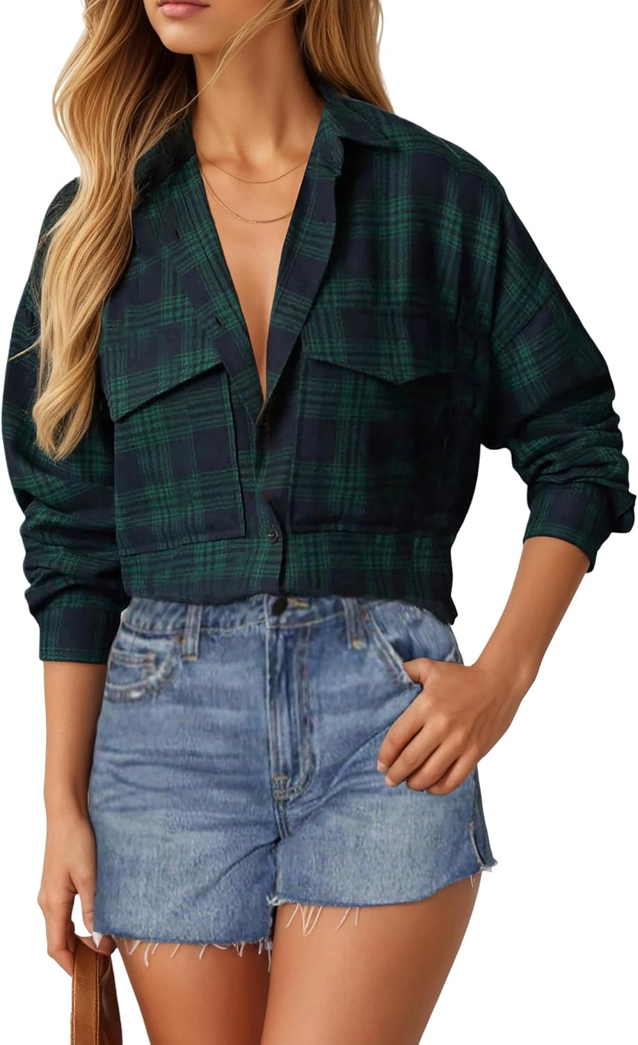 Oyamiki Womens Casual Cuffed Long Sleeve Boyfriend Button Down Plaid Flannel Shirt Tops - Image 2